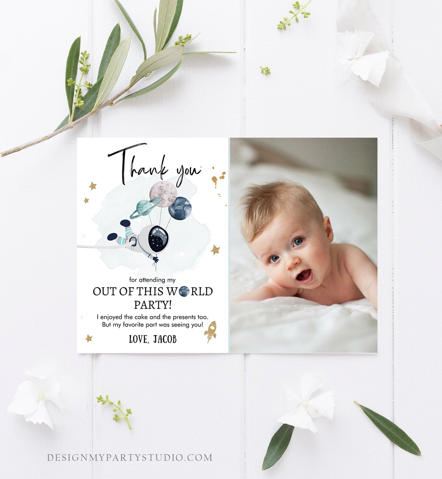 Editable Space Birthday Thank You Card Space Astronaut Galaxy Thank You Note Planets Boy Blue Download Printable Template Digital Corjl 0366