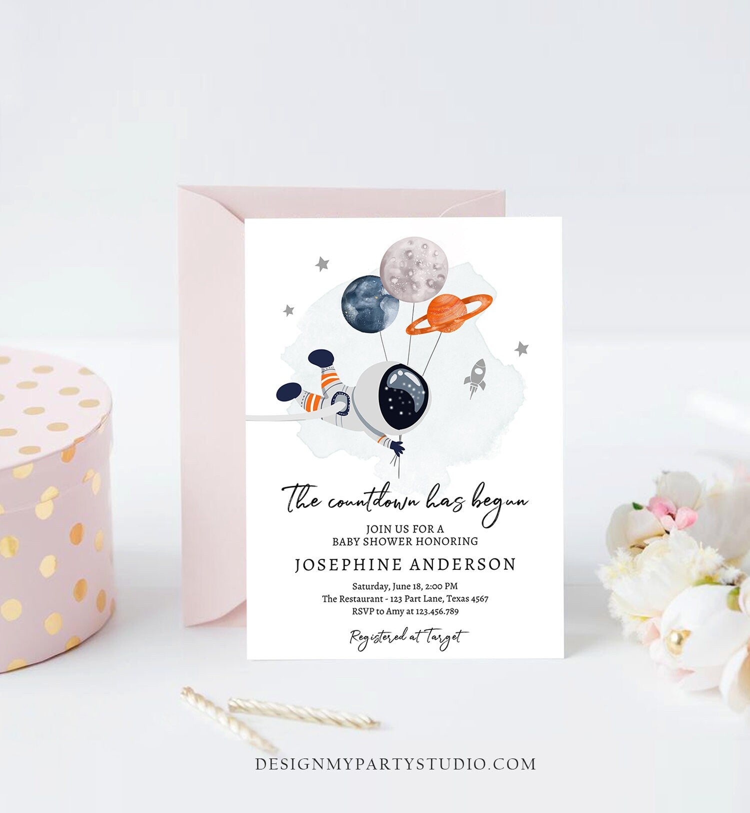 Editable Space Baby Shower Invitation Galaxy Outer Space It's a Boy Gold Planets Moon Countdown Invite Template Instant Download Corjl 0366