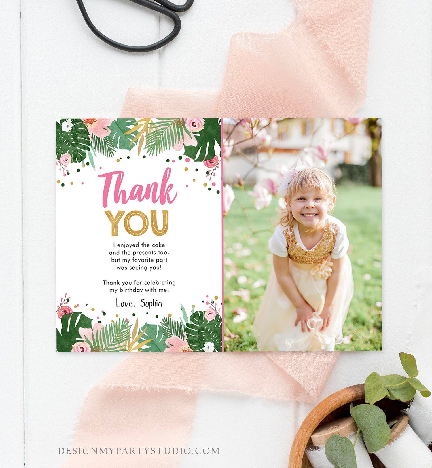 Editable Thank You Card Safari Wild One Two Wild and Three Wild Things Thank You Note Black Gold Photo Girl Pink Jungle Corjl Template 0332