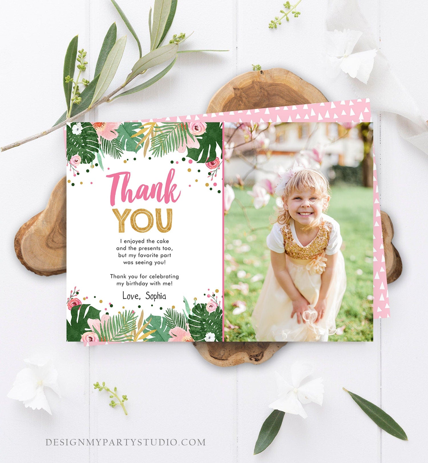 Editable Thank You Card Safari Wild One Two Wild and Three Wild Things Thank You Note Black Gold Photo Girl Pink Jungle Corjl Template 0332