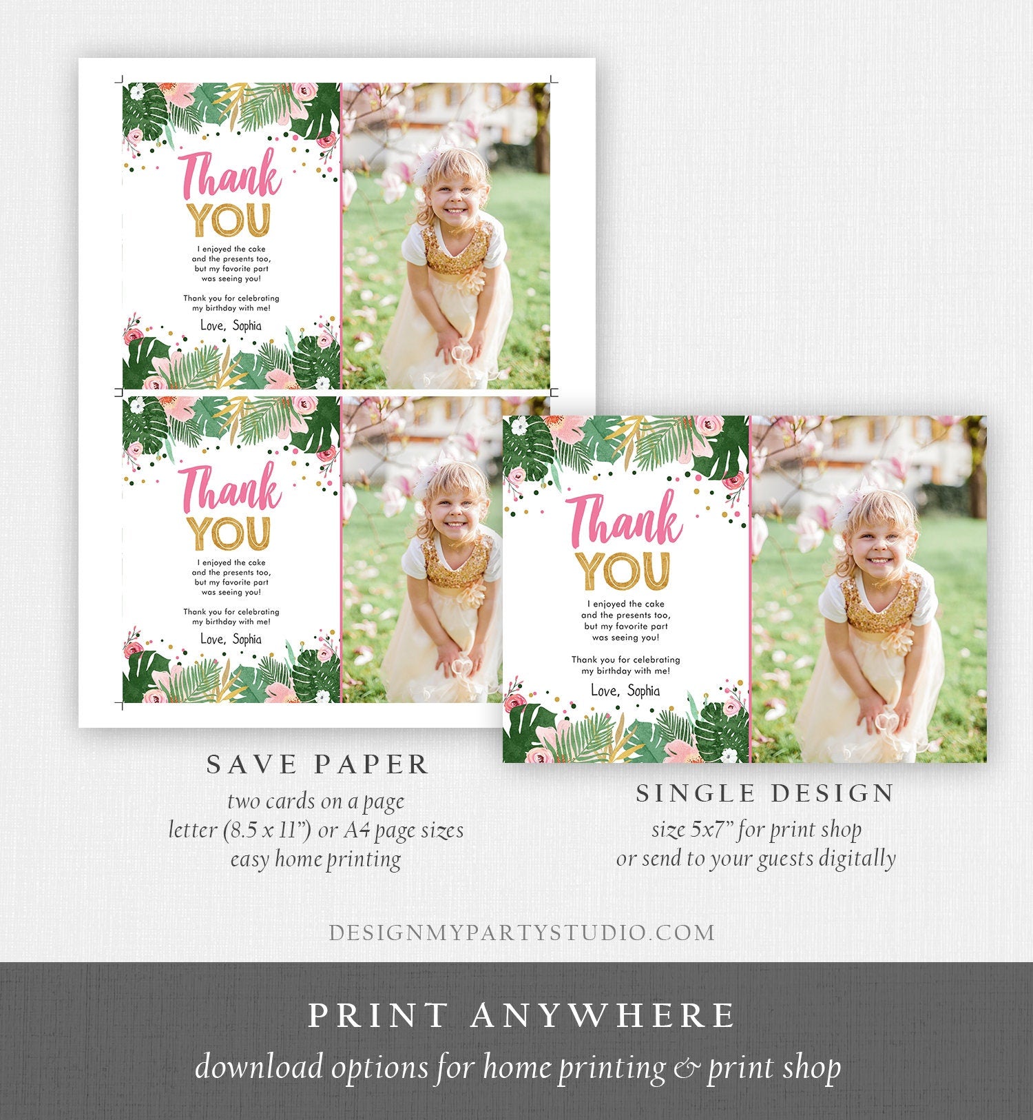 Editable Thank You Card Safari Wild One Two Wild and Three Wild Things Thank You Note Black Gold Photo Girl Pink Jungle Corjl Template 0332