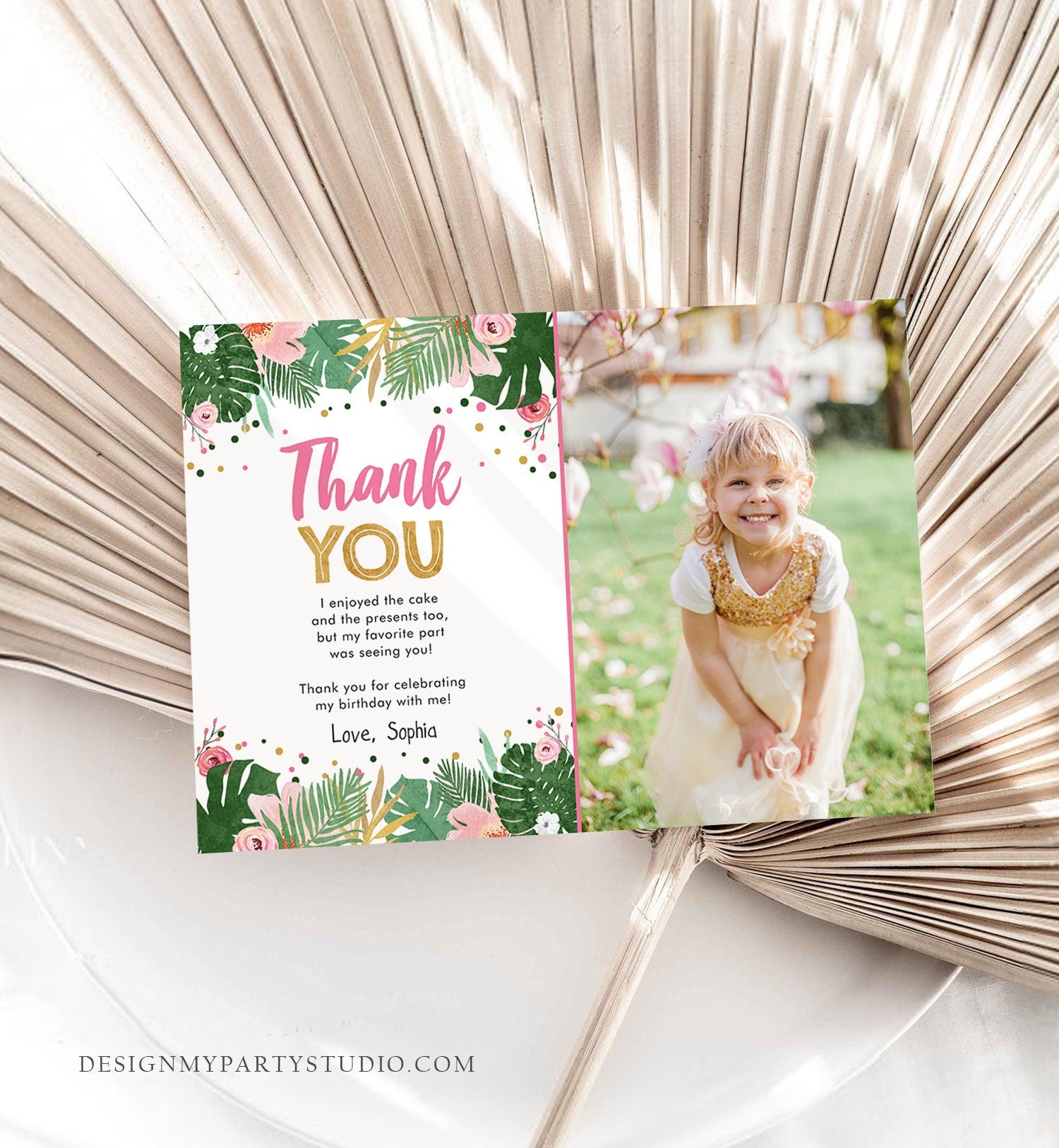 Editable Thank You Card Safari Wild One Two Wild and Three Wild Things Thank You Note Black Gold Photo Girl Pink Jungle Corjl Template 0332