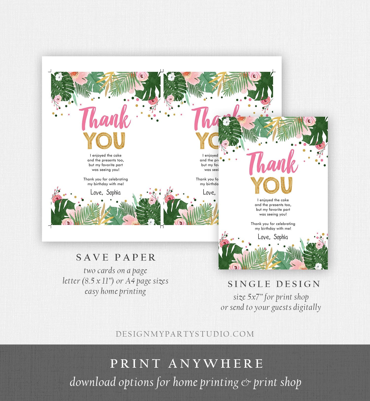 Editable Thank You Card Safari Wild One Two Wild and Three Wild Things Thank You Note Black Gold Photo Girl Pink Jungle Corjl Template 0332