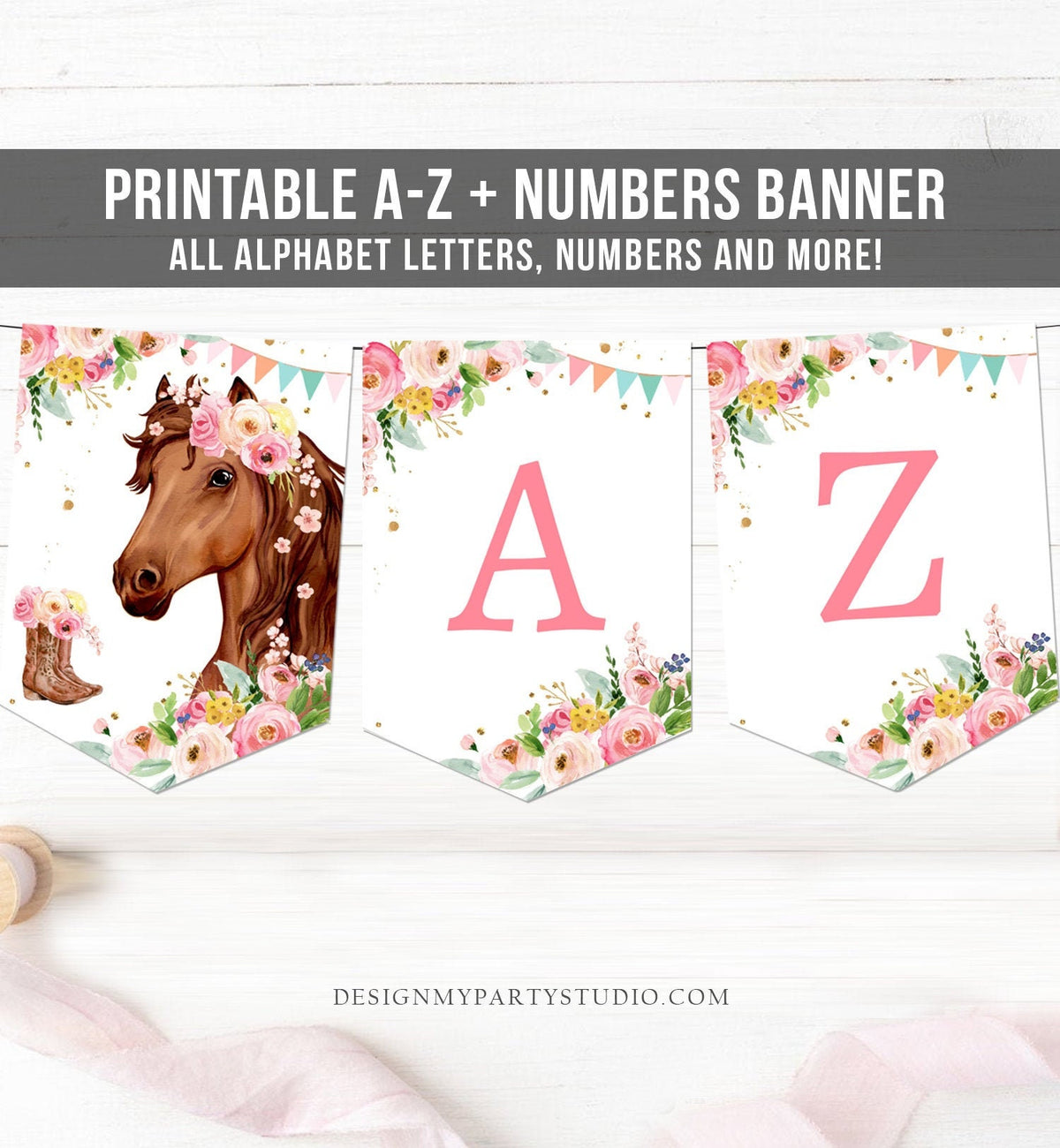 Horse Birthday Banner A-Z Alphabet Numbers Banner First Happy Birthday Banner Girl Pony Saddle Up Watercolor Cowgirl Decor Printable 0408