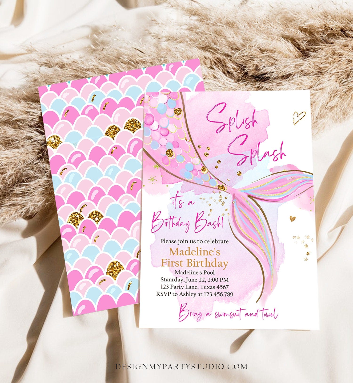 Editable Mermaid Birthday Party Invitation Girl Blush Pink Gold Mermaid Birthday Under The Sea Download Printable Template Corjl 0403