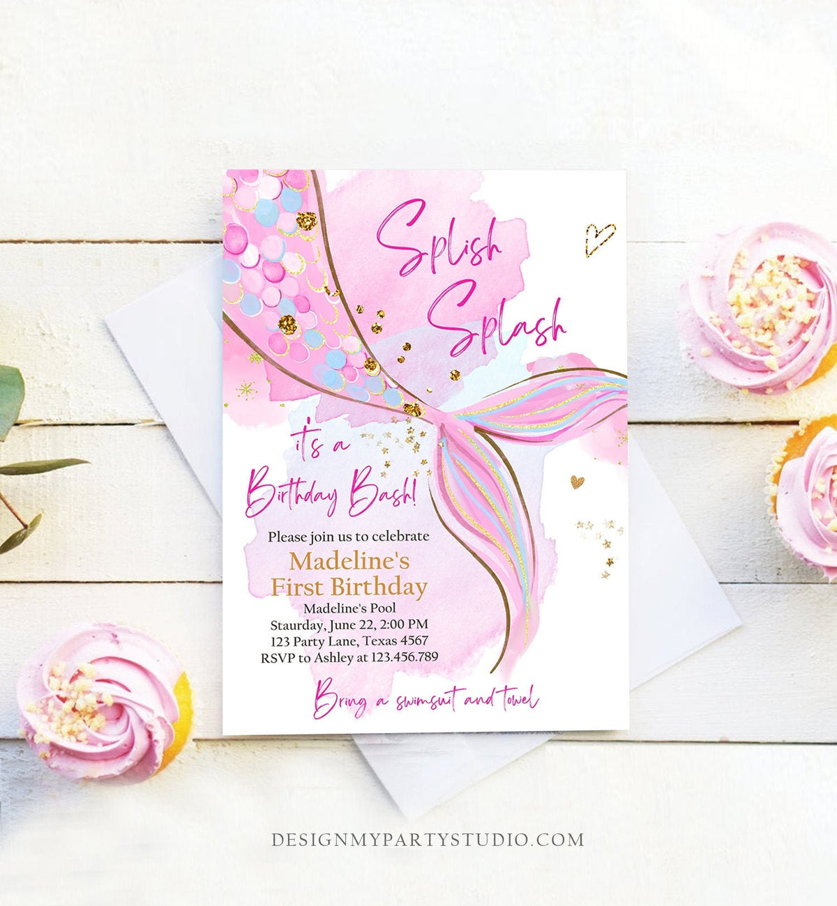 Editable Mermaid Birthday Party Invitation Girl Blush Pink Gold Mermaid Birthday Under The Sea Download Printable Template Corjl 0403