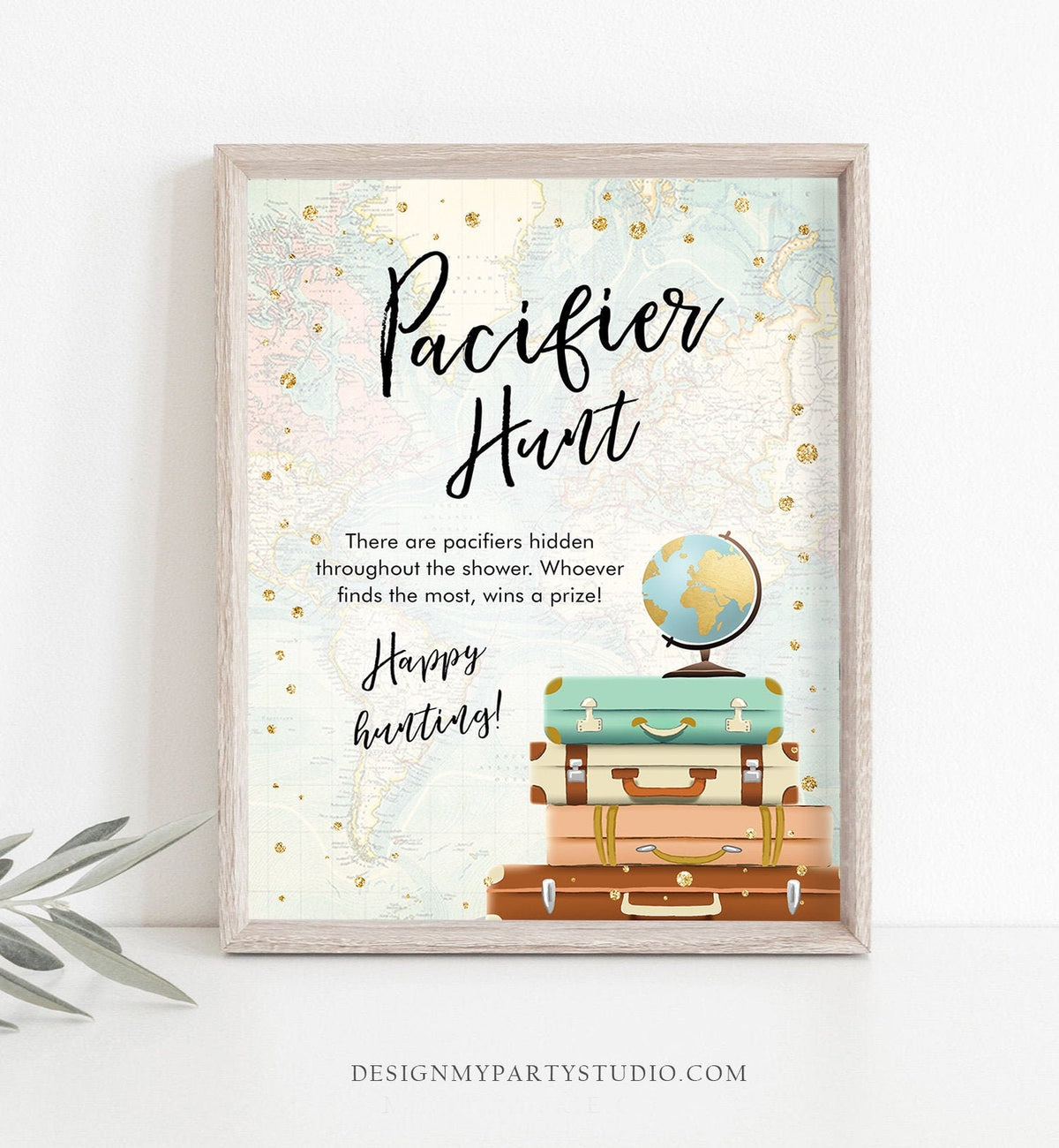 Pacifier Hunt Sign Table Decor Adventure Baby Shower Game Pacifier Game Gender Neutral Traveling Journey Globe Download Printable 0263