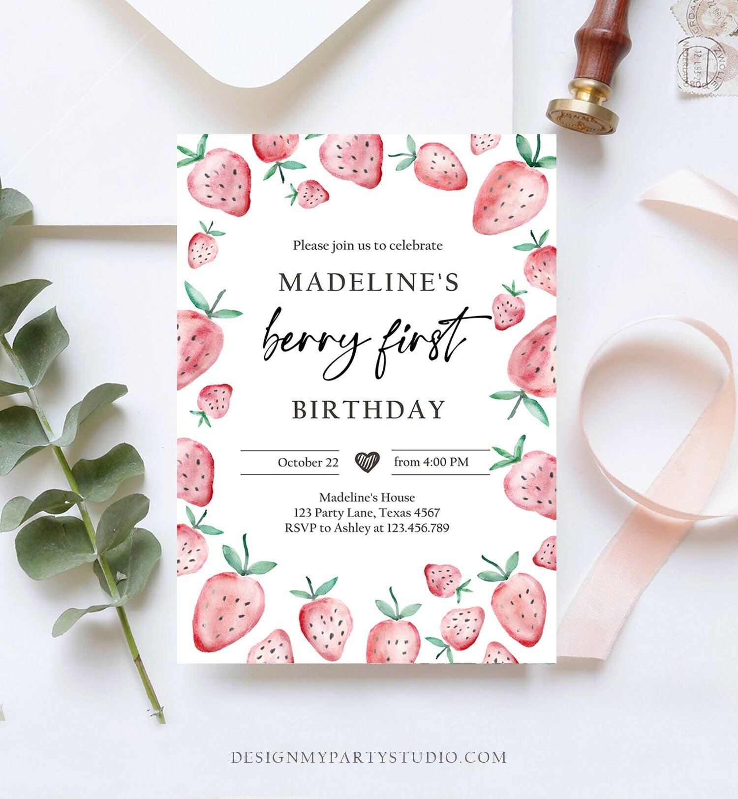 Editable Strawberry Birthday Invitation First Birthday Berry Sweet Girl Cute Strawberries 1st Download Printable Template Corjl Digital 0399