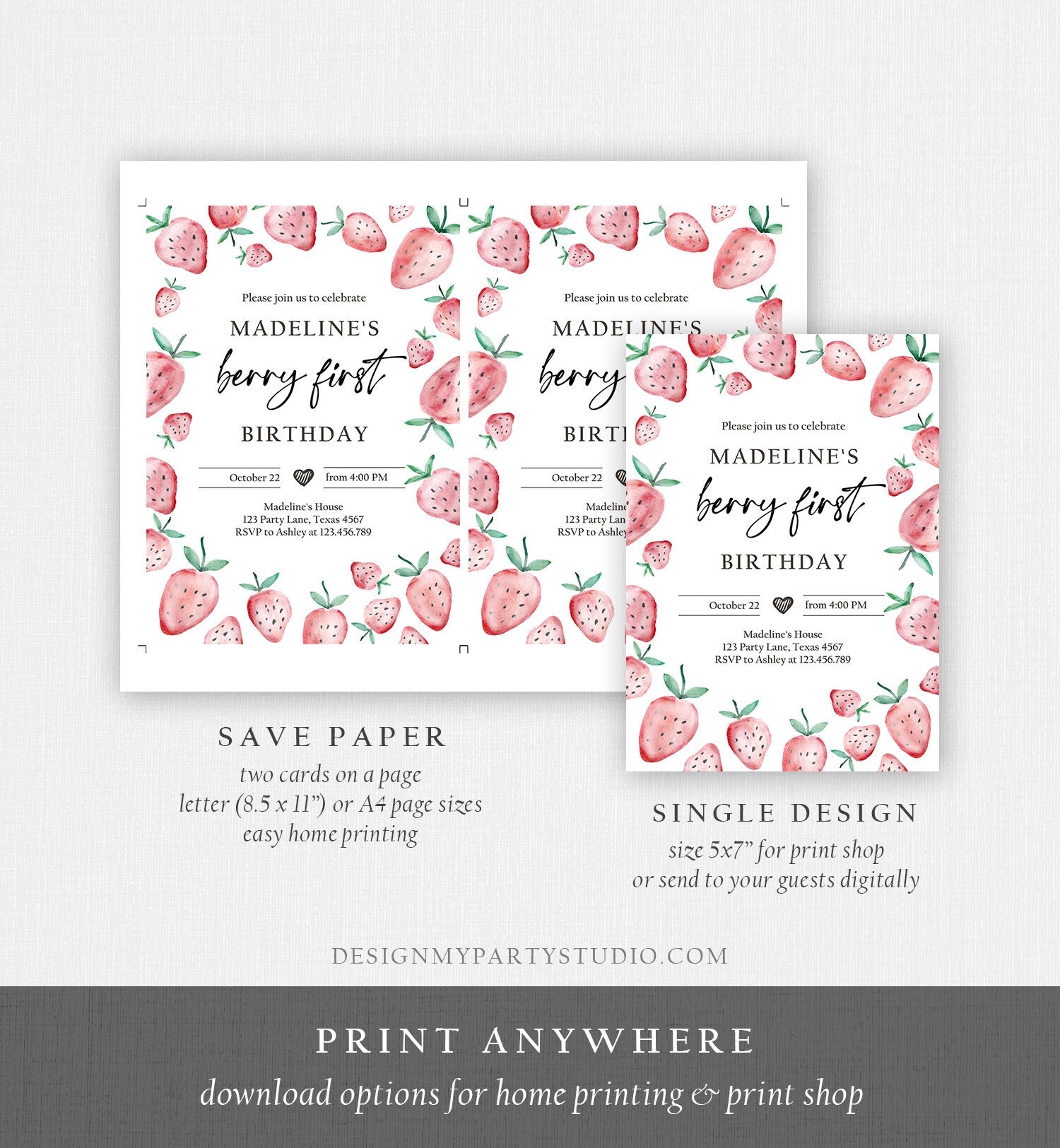 Editable Strawberry Birthday Invitation First Birthday Berry Sweet Girl Cute Strawberries 1st Download Printable Template Corjl Digital 0399