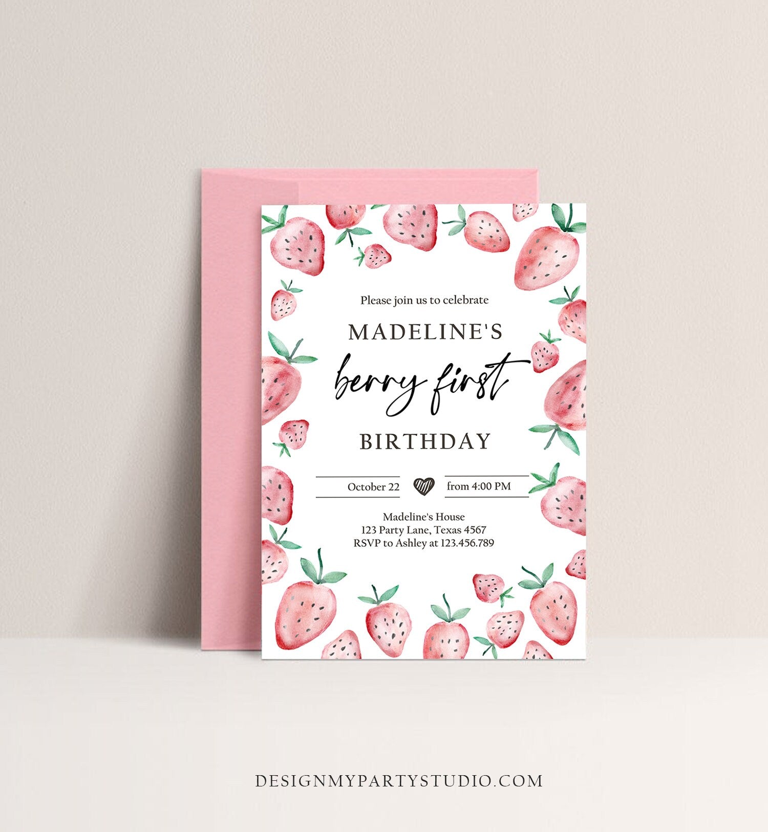 Editable Strawberry Birthday Invitation First Birthday Berry Sweet Girl Cute Strawberries 1st Download Printable Template Corjl Digital 0399