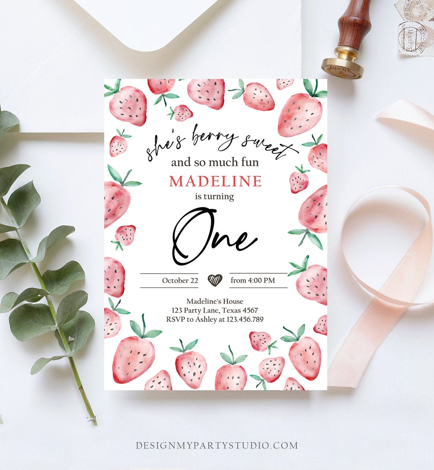 Editable Strawberry Birthday Invitation First Birthday Berry Sweet Girl Cute Strawberries 1st Download Printable Template Corjl Digital 0399