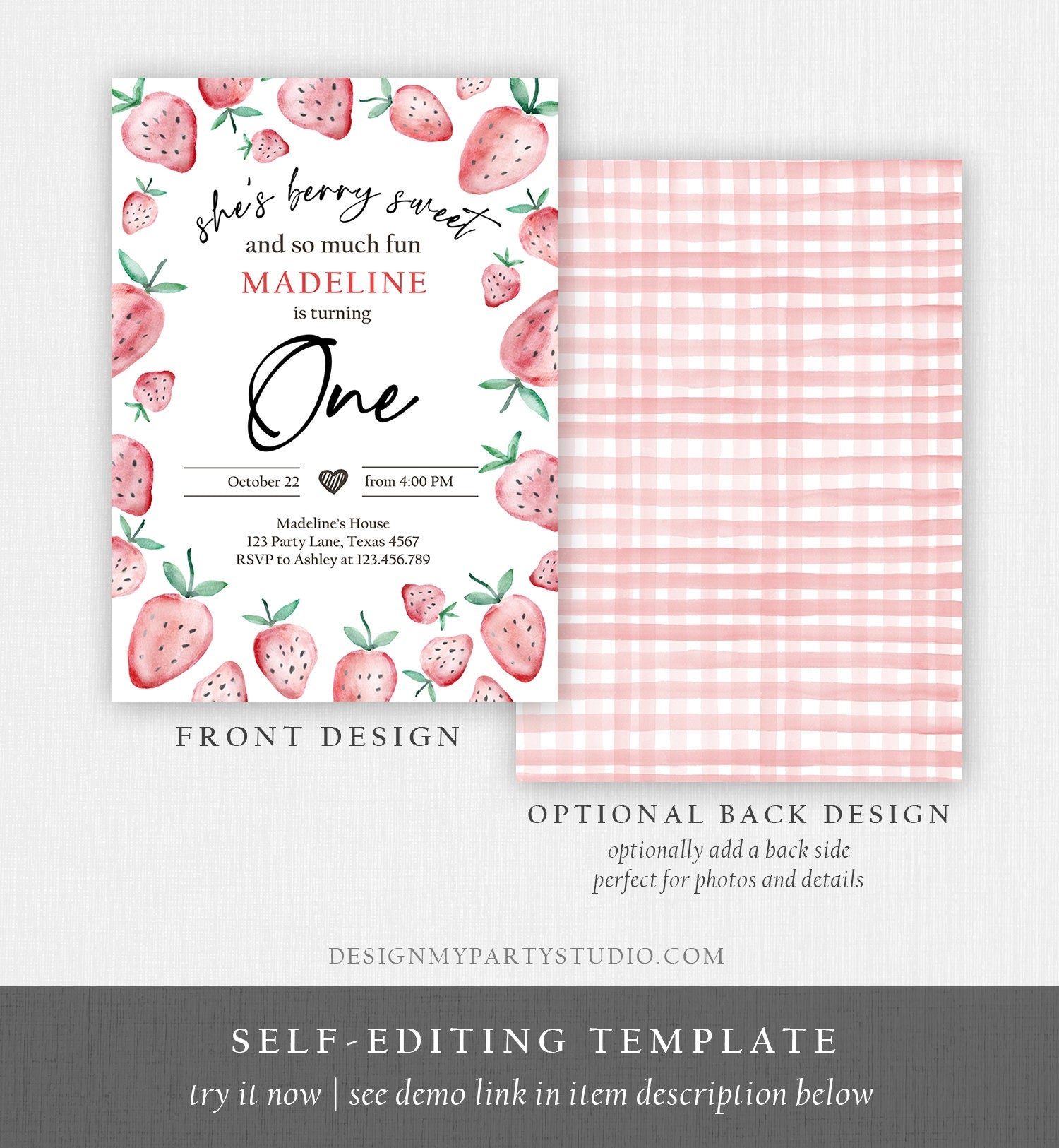 Editable Strawberry Birthday Invitation First Birthday Berry Sweet Girl Cute Strawberries 1st Download Printable Template Corjl Digital 0399