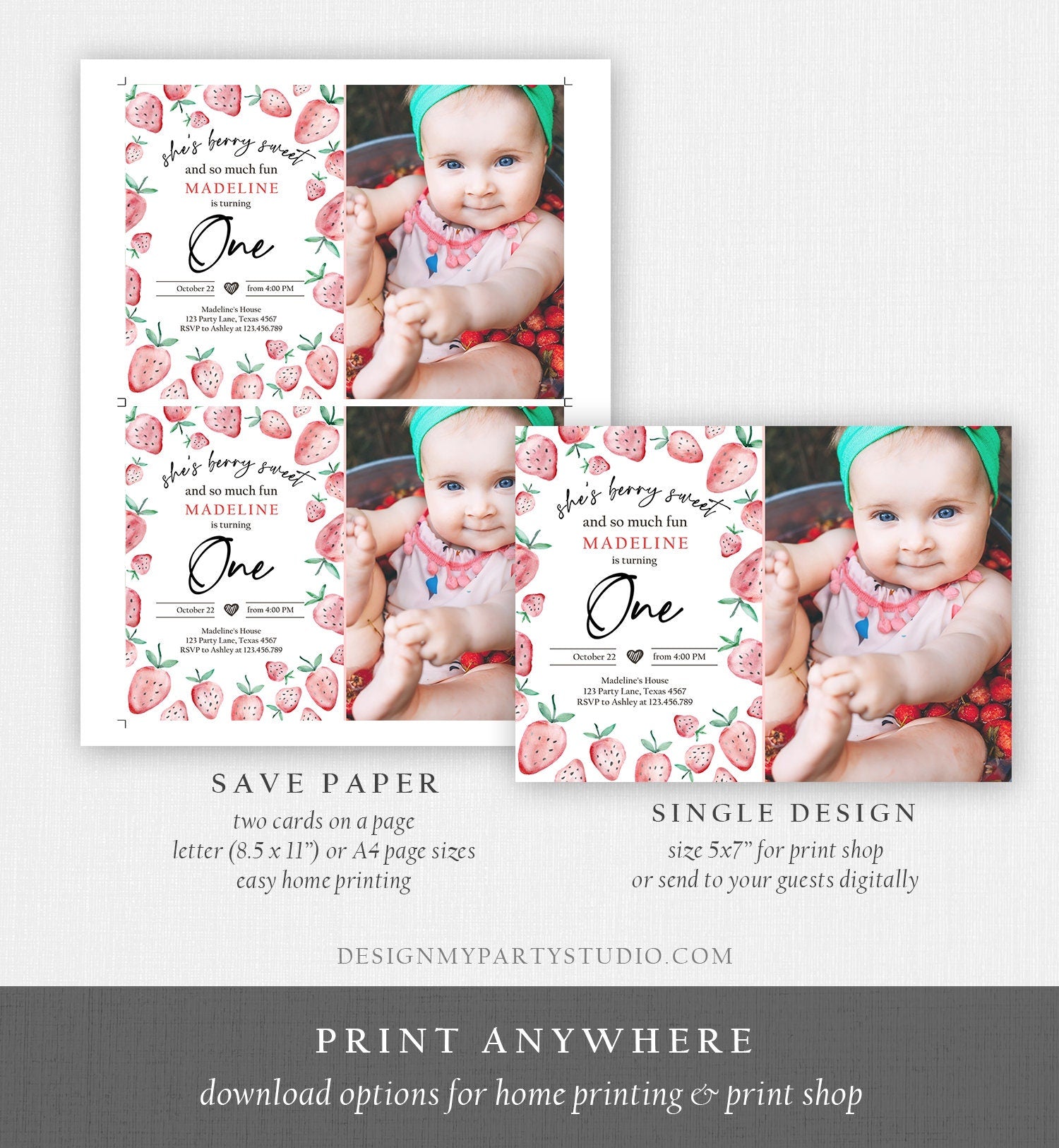 Editable Strawberry Birthday Invitation First Birthday Berry Sweet Girl Cute Strawberries 1st Download Printable Template Corjl Digital 0399