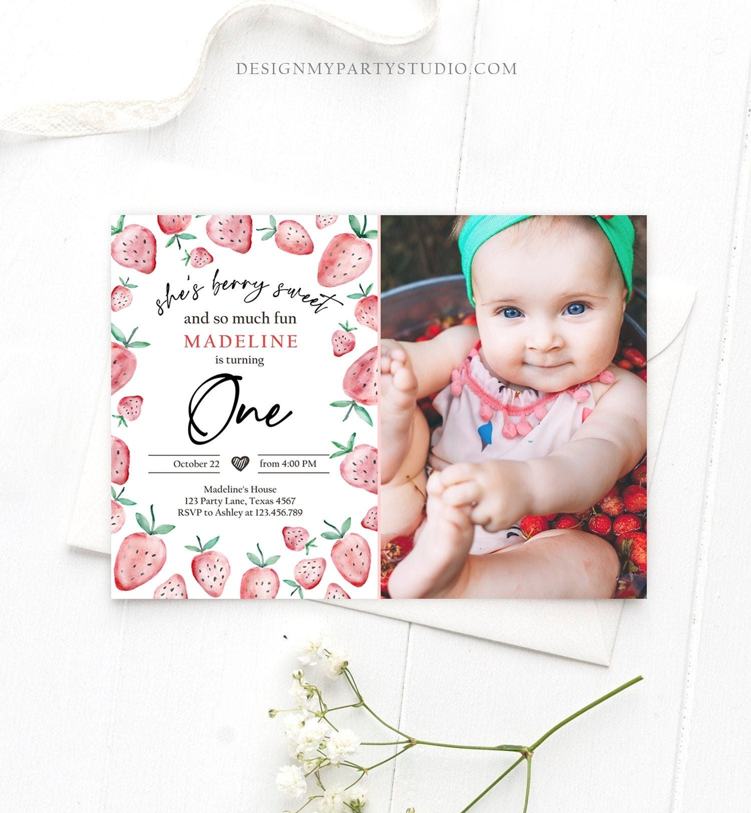 Editable Strawberry Birthday Invitation First Birthday Berry Sweet Girl Cute Strawberries 1st Download Printable Template Corjl Digital 0399