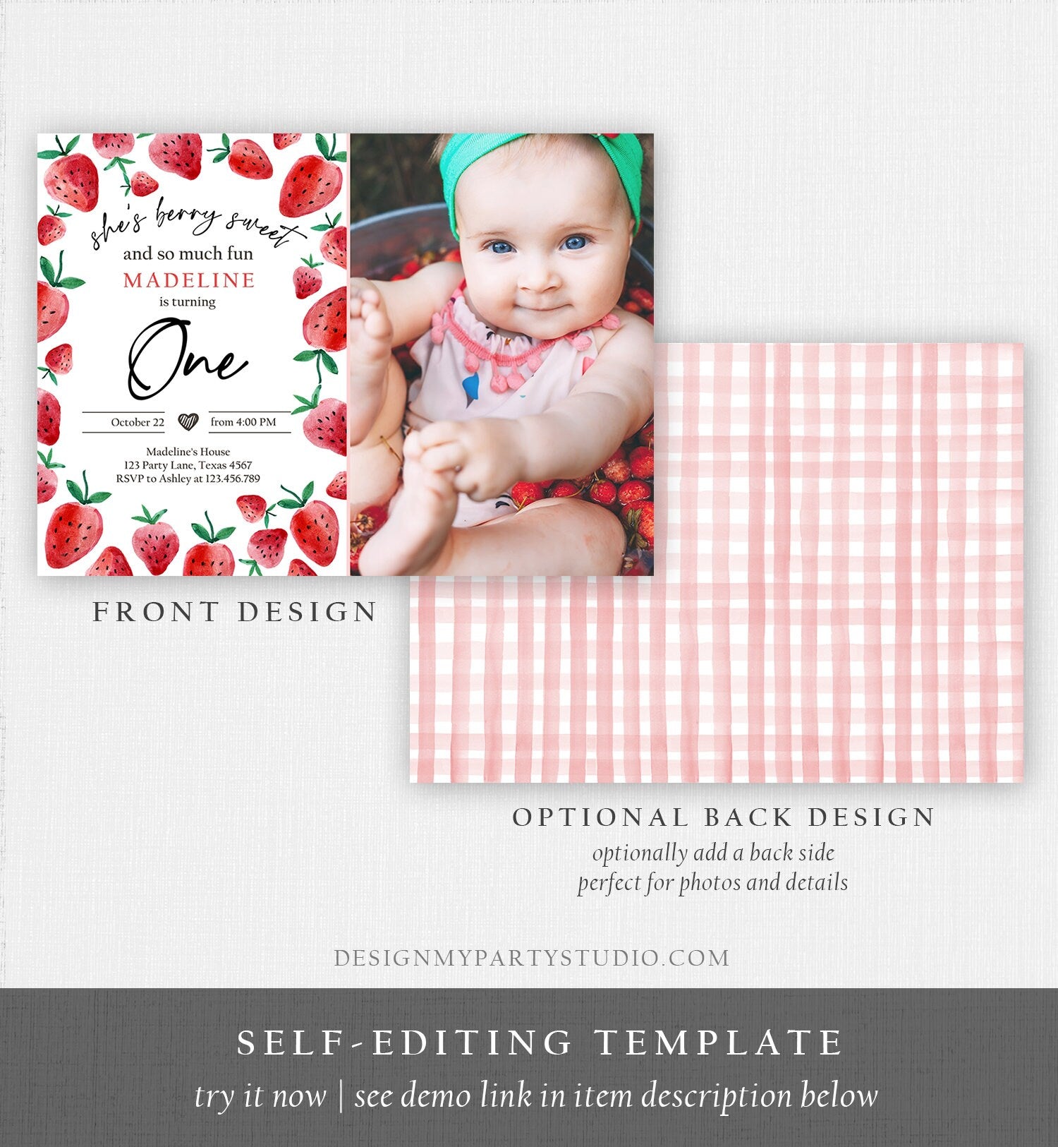 Editable Strawberry Birthday Invitation First Birthday Berry Sweet Girl Cute Strawberries 1st Download Printable Template Corjl Digital 0399