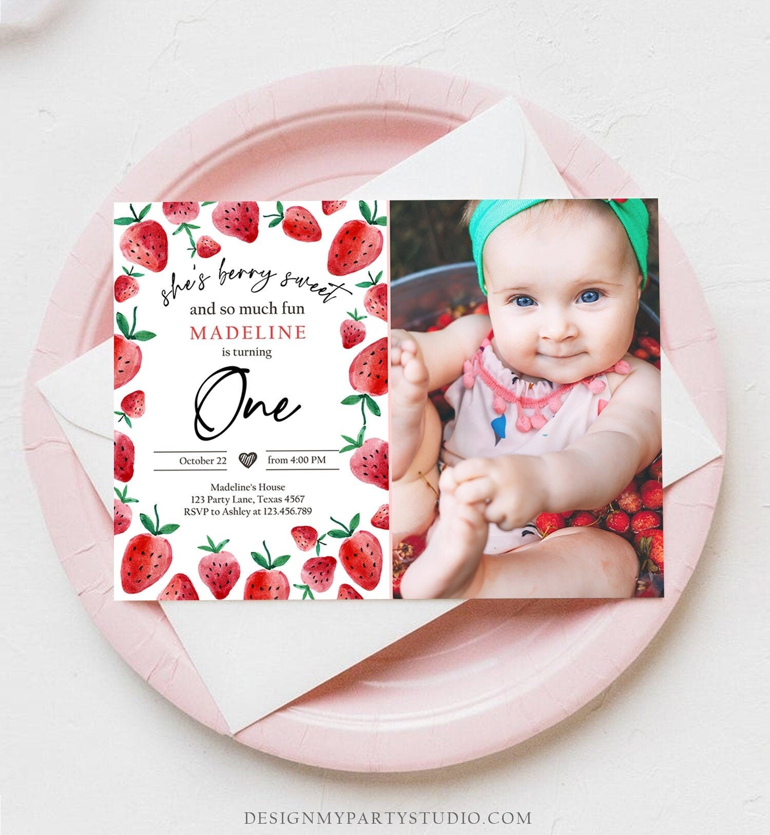 Editable Strawberry Birthday Invitation First Birthday Berry Sweet Girl Cute Strawberries 1st Download Printable Template Corjl Digital 0399