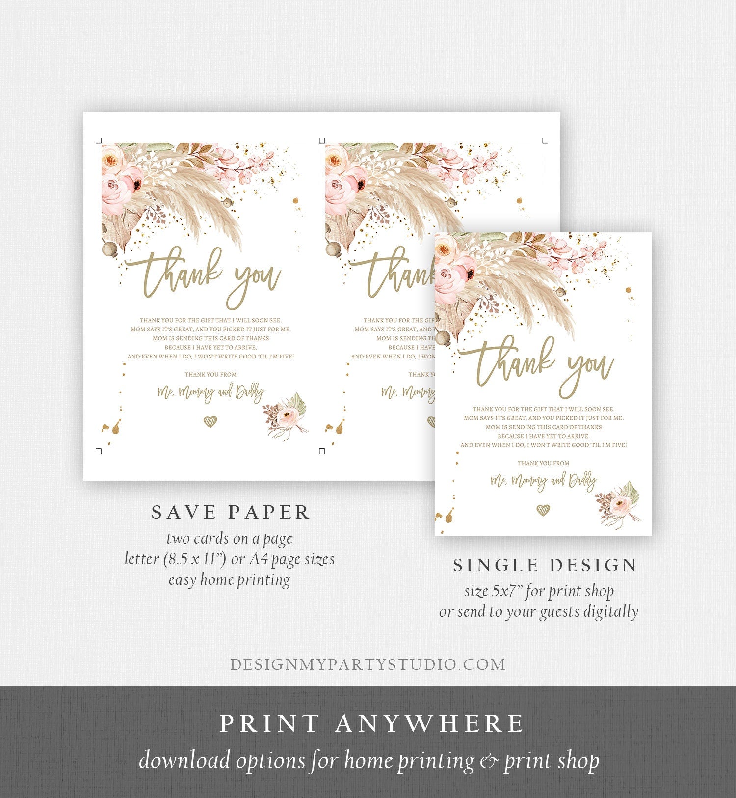 Editable Pampas Grass Thank You Card Baby Shower Desert Boho Bridal Shower Wedding Tropical Dried Palm Leaf Leaves Note Corjl Template 0395