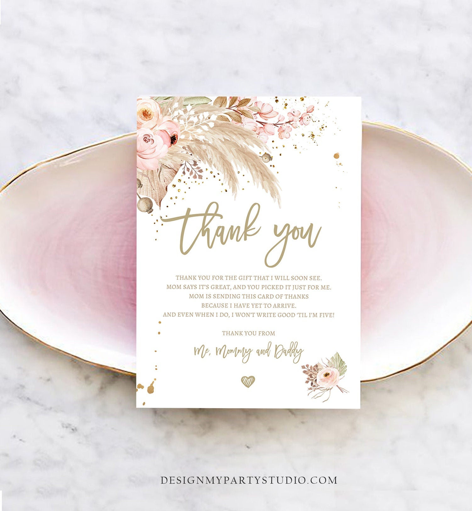 Editable Pampas Grass Thank You Card Baby Shower Desert Boho Bridal Shower Wedding Tropical Dried Palm Leaf Leaves Note Corjl Template 0395