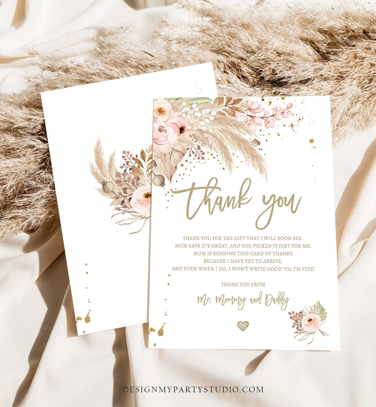 Editable Pampas Grass Thank You Card Baby Shower Desert Boho Bridal Shower Wedding Tropical Dried Palm Leaf Leaves Note Corjl Template 0395