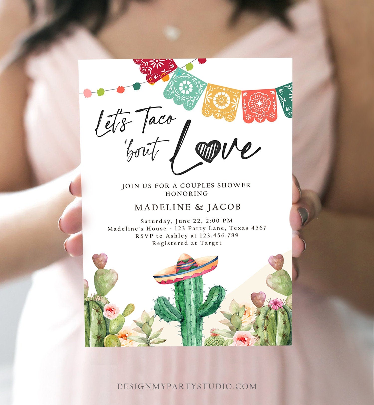 Editable Let's Taco Bout Love Engagement Invitation Couples Shower Bridal Watercolor Cactus Succulent Fiesta Digital Template Printable 0404