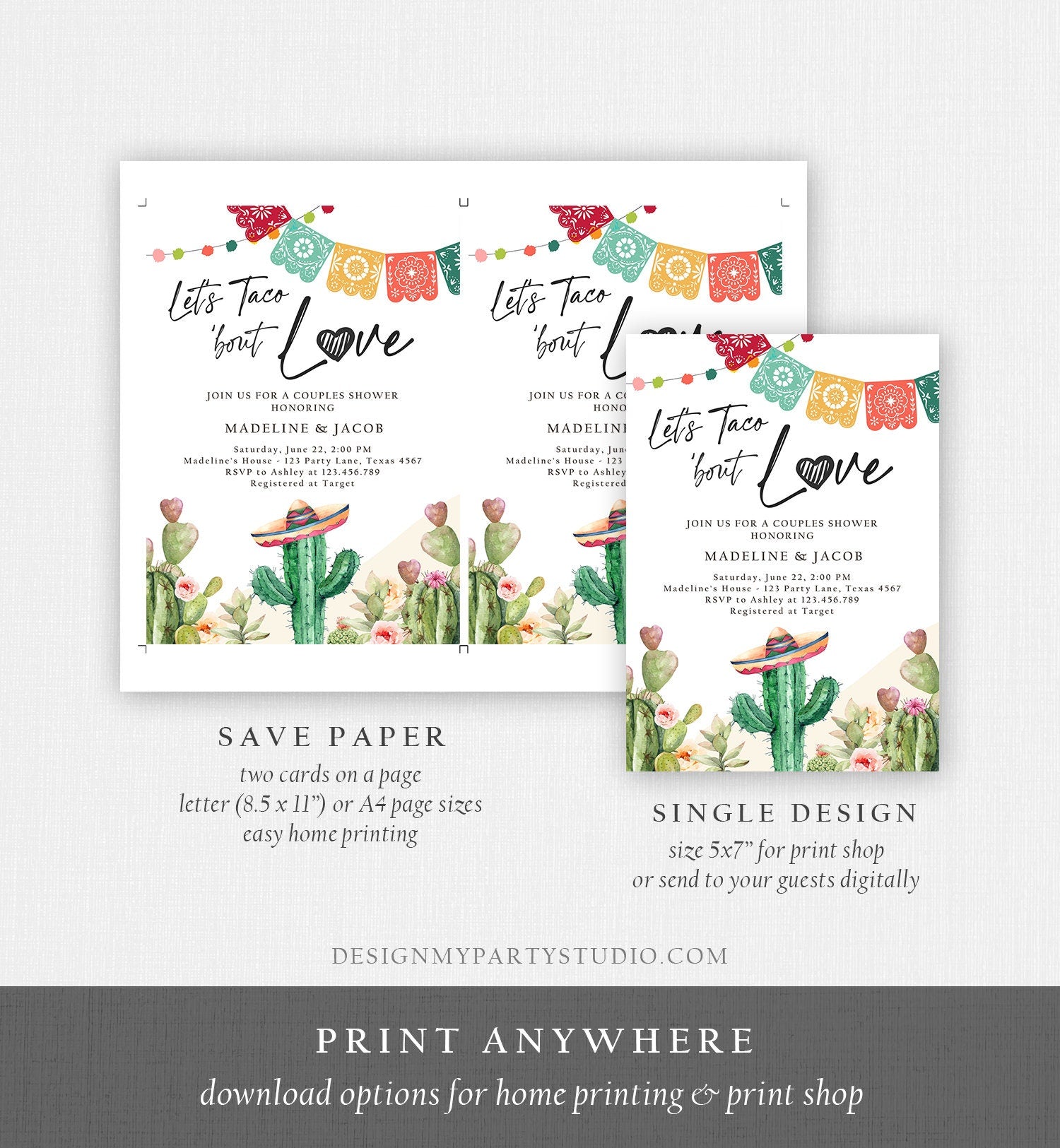 Editable Let's Taco Bout Love Engagement Invitation Couples Shower Bridal Watercolor Cactus Succulent Fiesta Digital Template Printable 0404