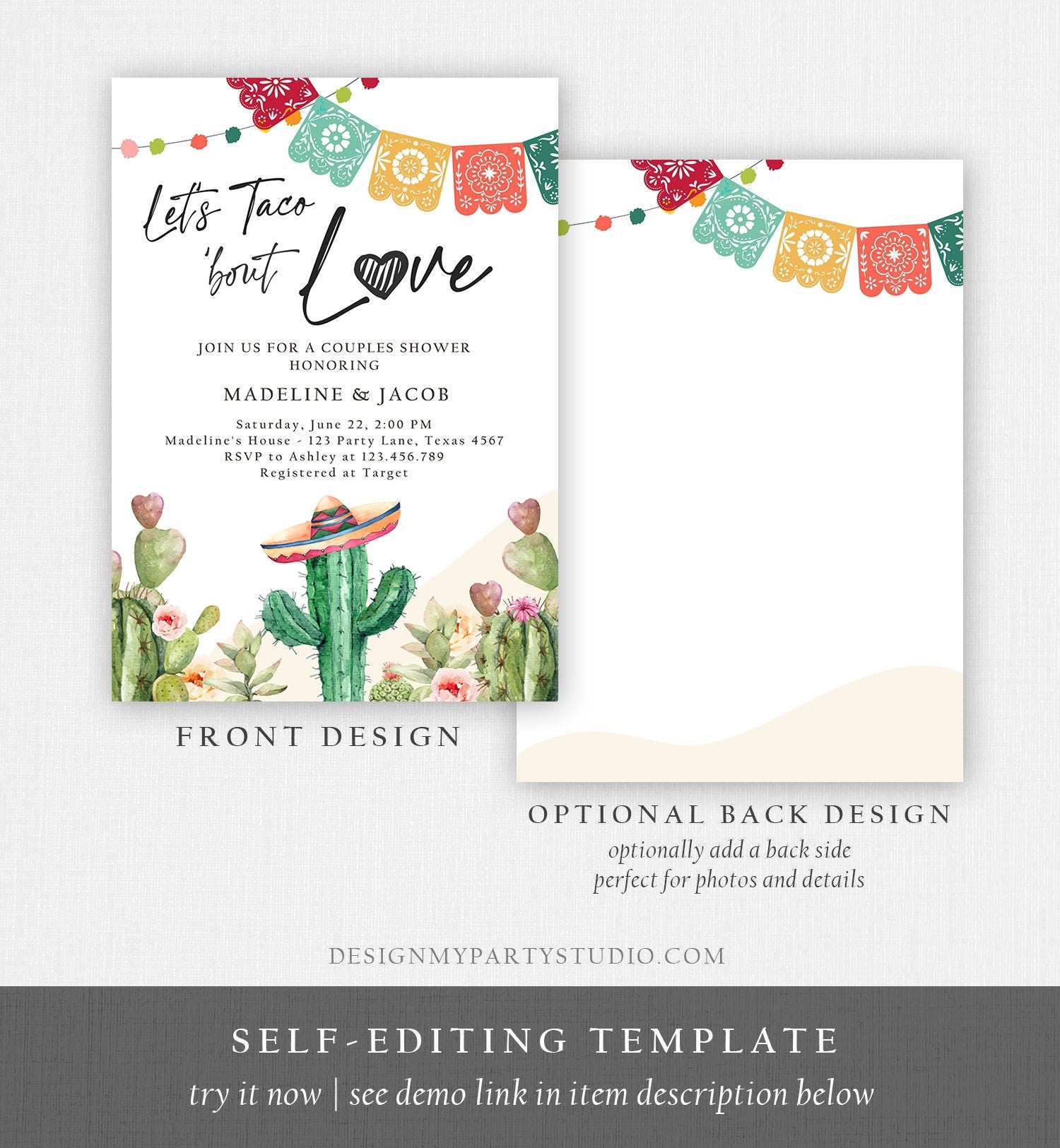 Editable Let's Taco Bout Love Engagement Invitation Couples Shower Bridal Watercolor Cactus Succulent Fiesta Digital Template Printable 0404