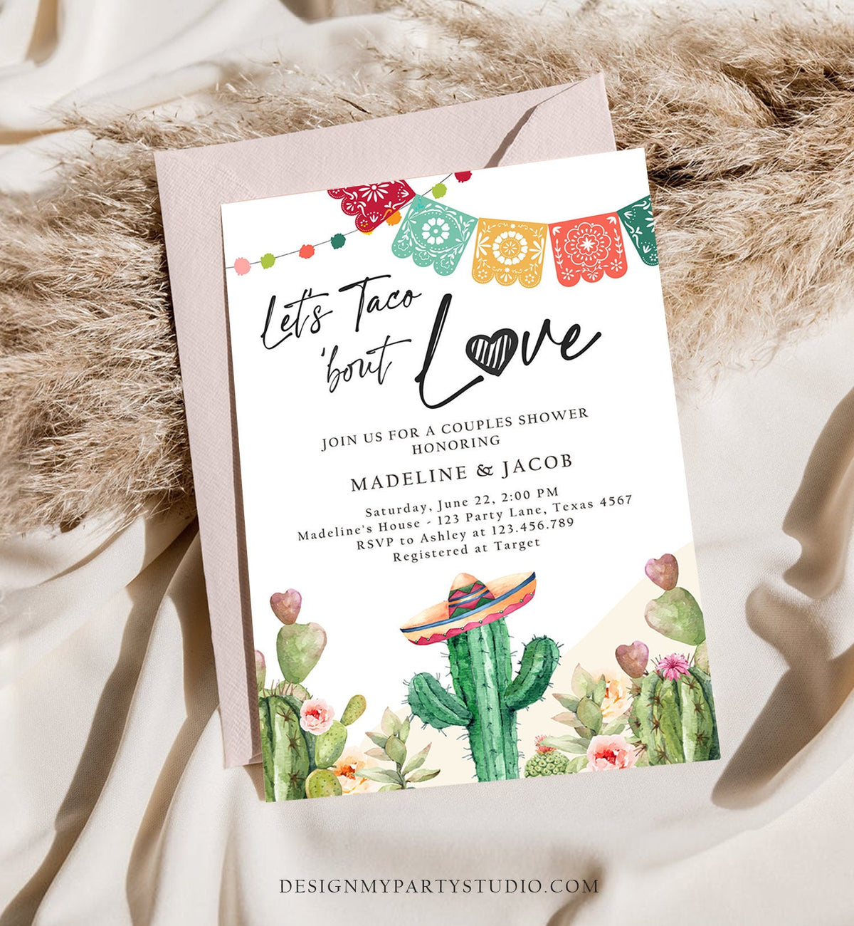 Editable Let&#39;s Taco Bout Love Engagement Invitation Couples Shower Bridal Watercolor Cactus Succulent Fiesta Digital Template Printable 0404