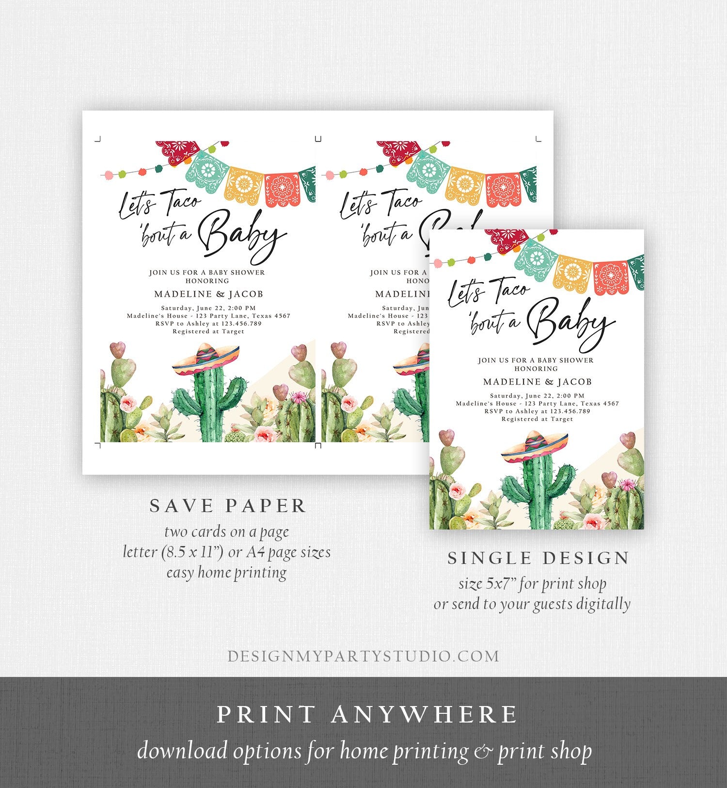 Editable Let's Taco Bout a Baby Shower Invitation Cactus Mexican Fiesta Couples Shower Desert Watercolor Template Corjl Printable 0404