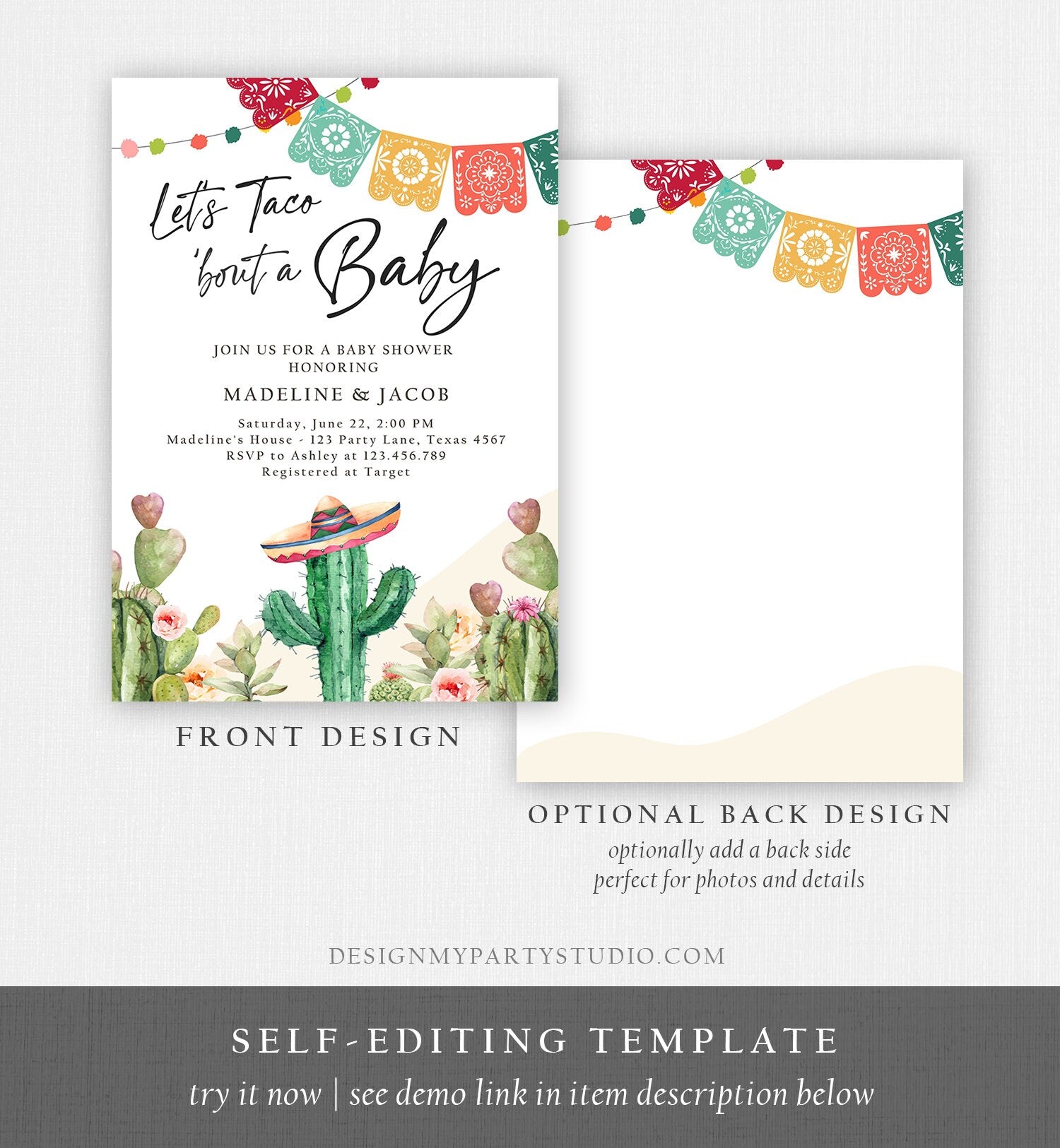 Editable Let's Taco Bout a Baby Shower Invitation Cactus Mexican Fiesta Couples Shower Desert Watercolor Template Corjl Printable 0404