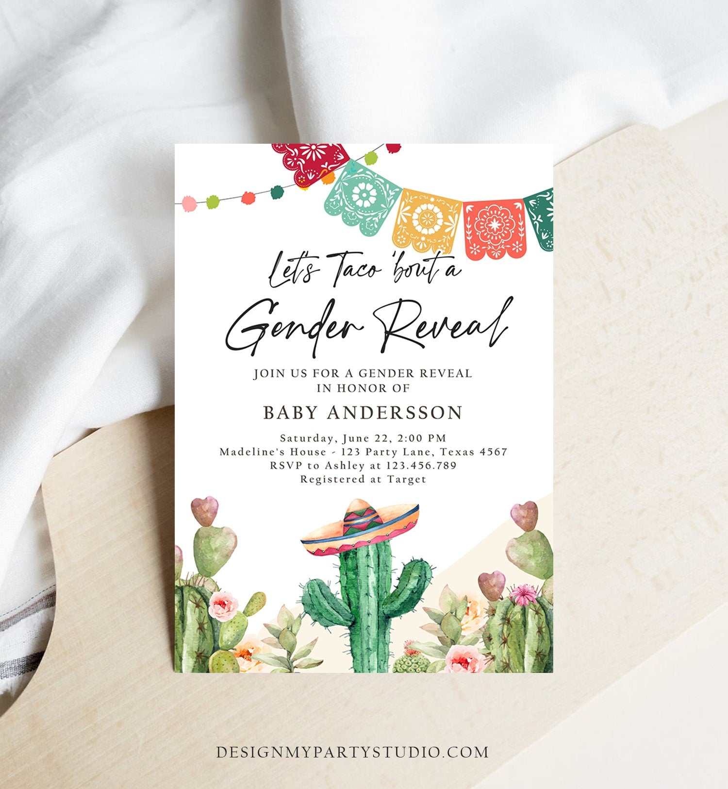 Editable Let's Taco Bout a Gender Reveal Party Invitation Cactus Mexican Fiesta He or She Boy Girl Watercolor Template Corjl Printable 0404