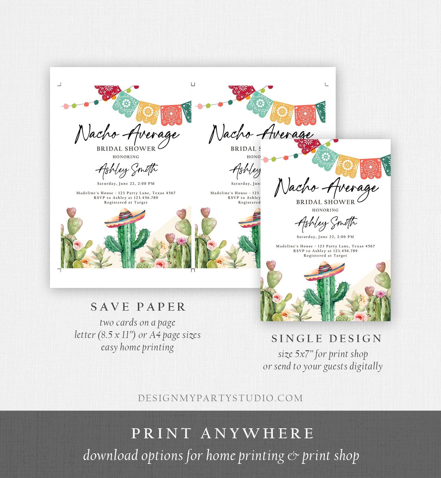 Editable Nacho Average Bridal Shower Invitation Couples Fiesta Mexican Watercolor Cactus Succulent Desert Template Corjl Printable 0404