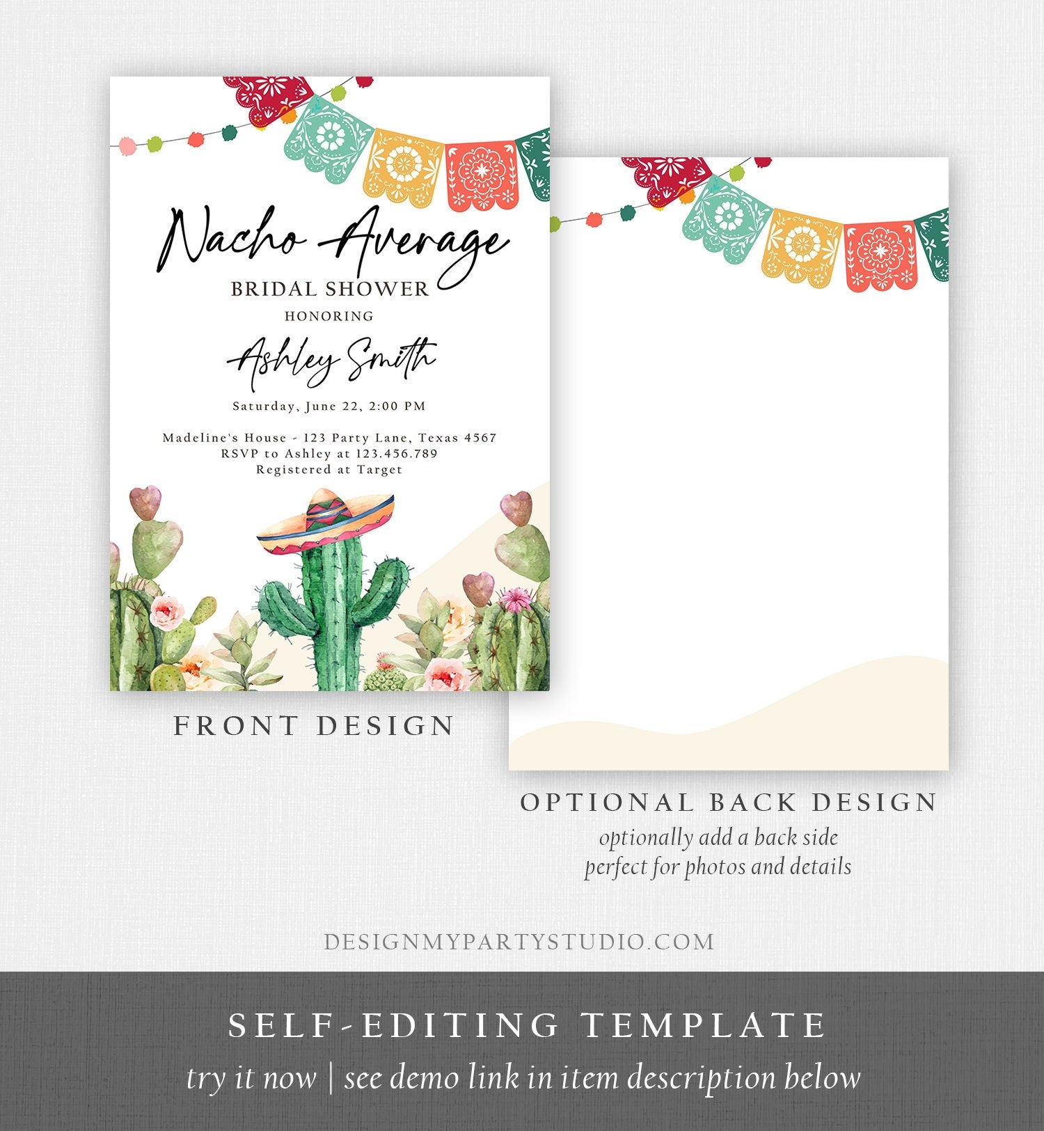 Editable Nacho Average Bridal Shower Invitation Couples Fiesta Mexican Watercolor Cactus Succulent Desert Template Corjl Printable 0404