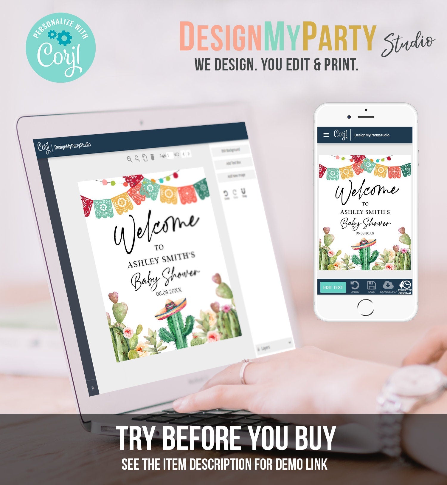 Editable Taco Bout a Baby Welcome Sign Baby Shower Watercolor Cactus Mexican Succulent Couples Table Sign Corjl Template Printable 0404