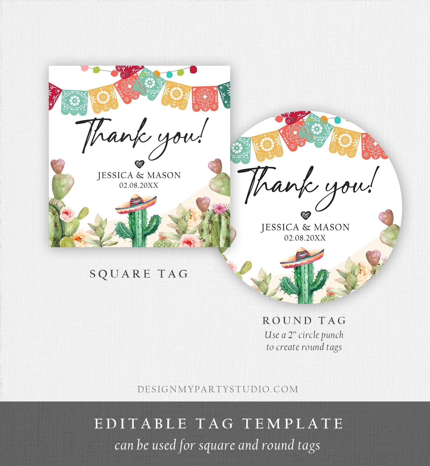 Editable Cactus Thank You Favor Tag Round Squared Fiesta Baby Shower Birthday Bridal Watercolor Sticker Succulent Corjl Template 0404