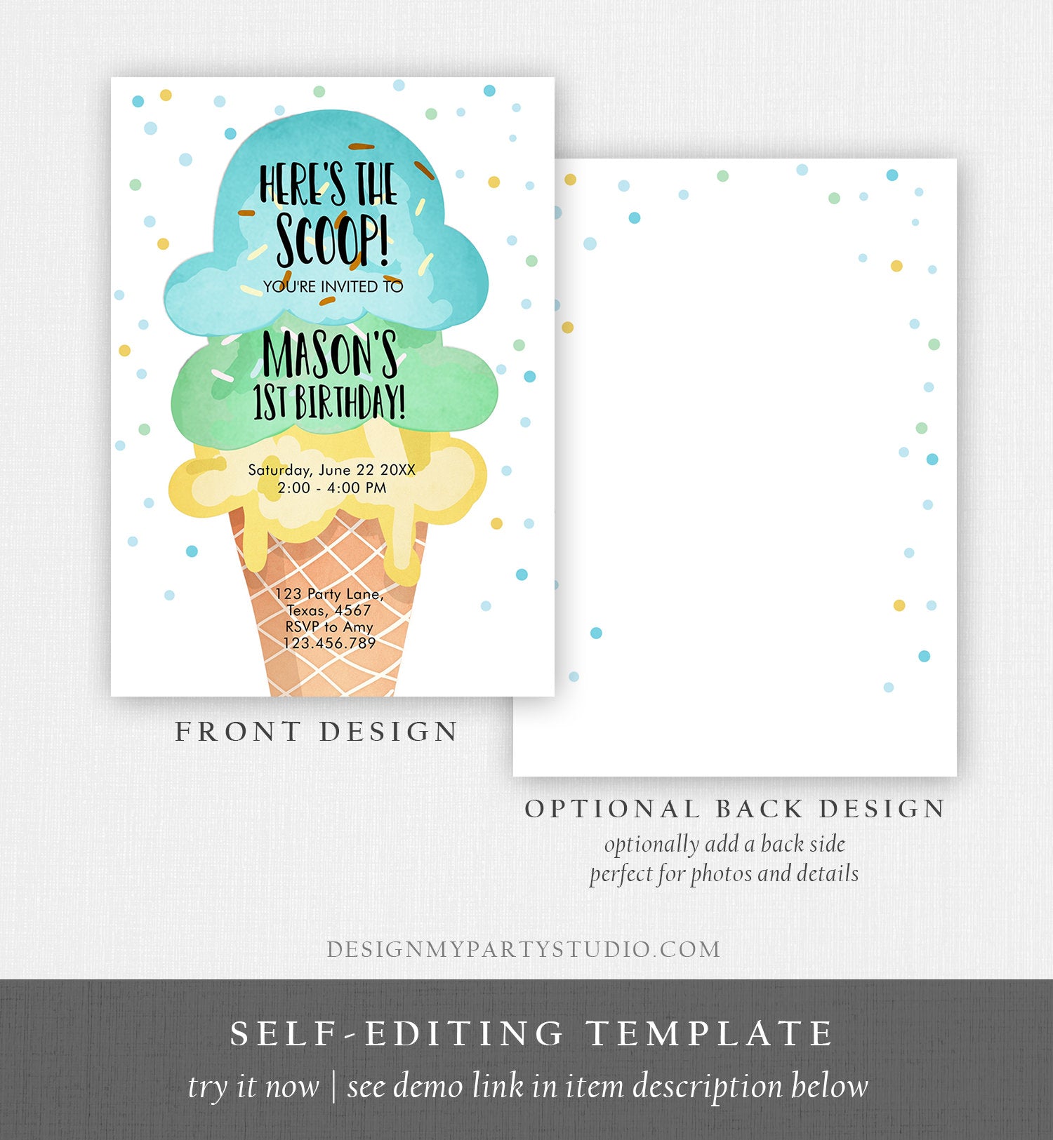 Editable Ice Cream Birthday Invitation Boy 1st Birthday Party Here's the Scoop Cone Blue Mint Yellow Summer Printable Template Corjl 0243