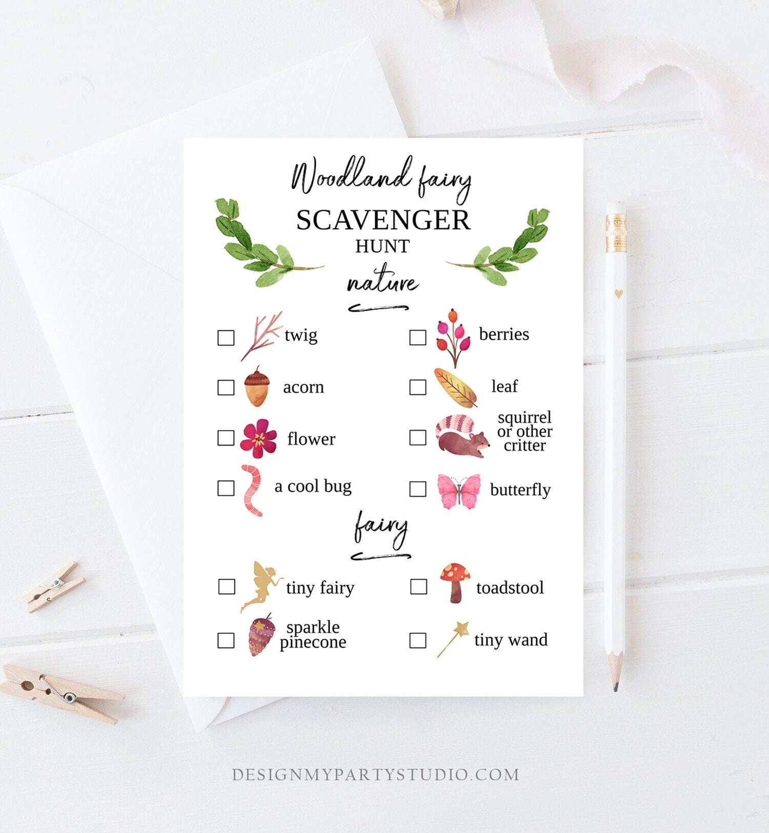 Editable Scavenger Hunt Checklist Game Party Woodland Fairy Birthday Whimsical Enchanted Forest Instant Download Corjl Template 0173