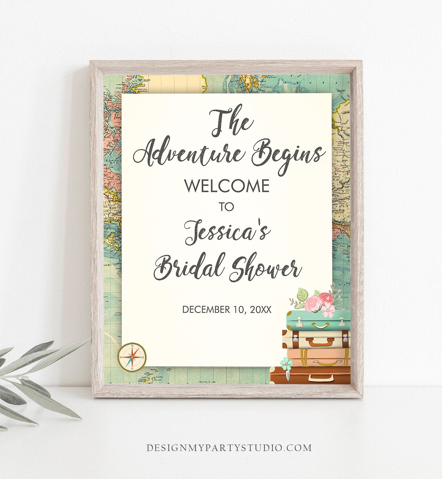 Editable Adventure Begins Welcome Sign Bridal Shower Travel Adventure Baby Shower World Map Journey Vintage Corjl Template PRINTABLE 0044