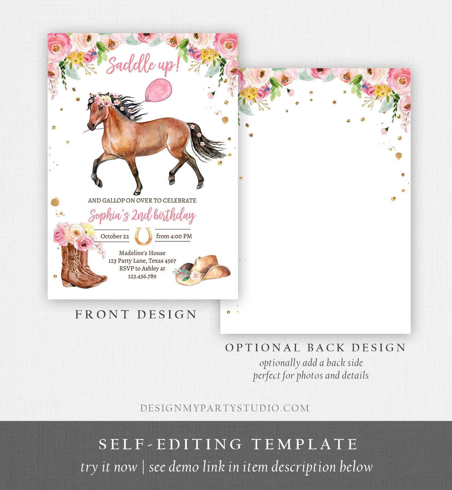 Editable Horse Birthday Invitation Girl Saddle Up Watercolor Cowgirl Horse Party Invite Pink Floral Download Printable Template Corjl 0408