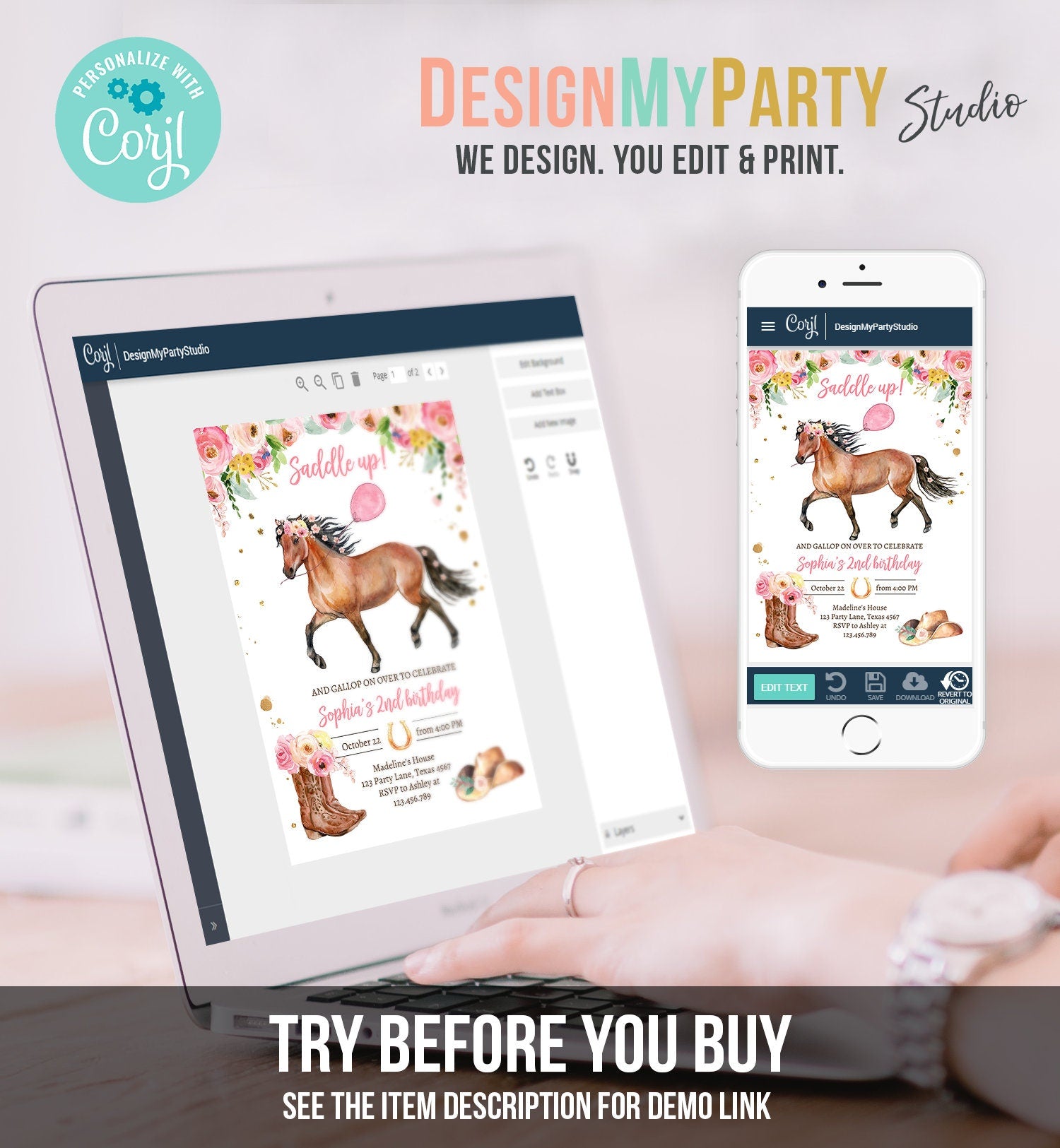 Editable Horse Birthday Invitation Girl Saddle Up Watercolor Cowgirl Horse Party Invite Pink Floral Download Printable Template Corjl 0408