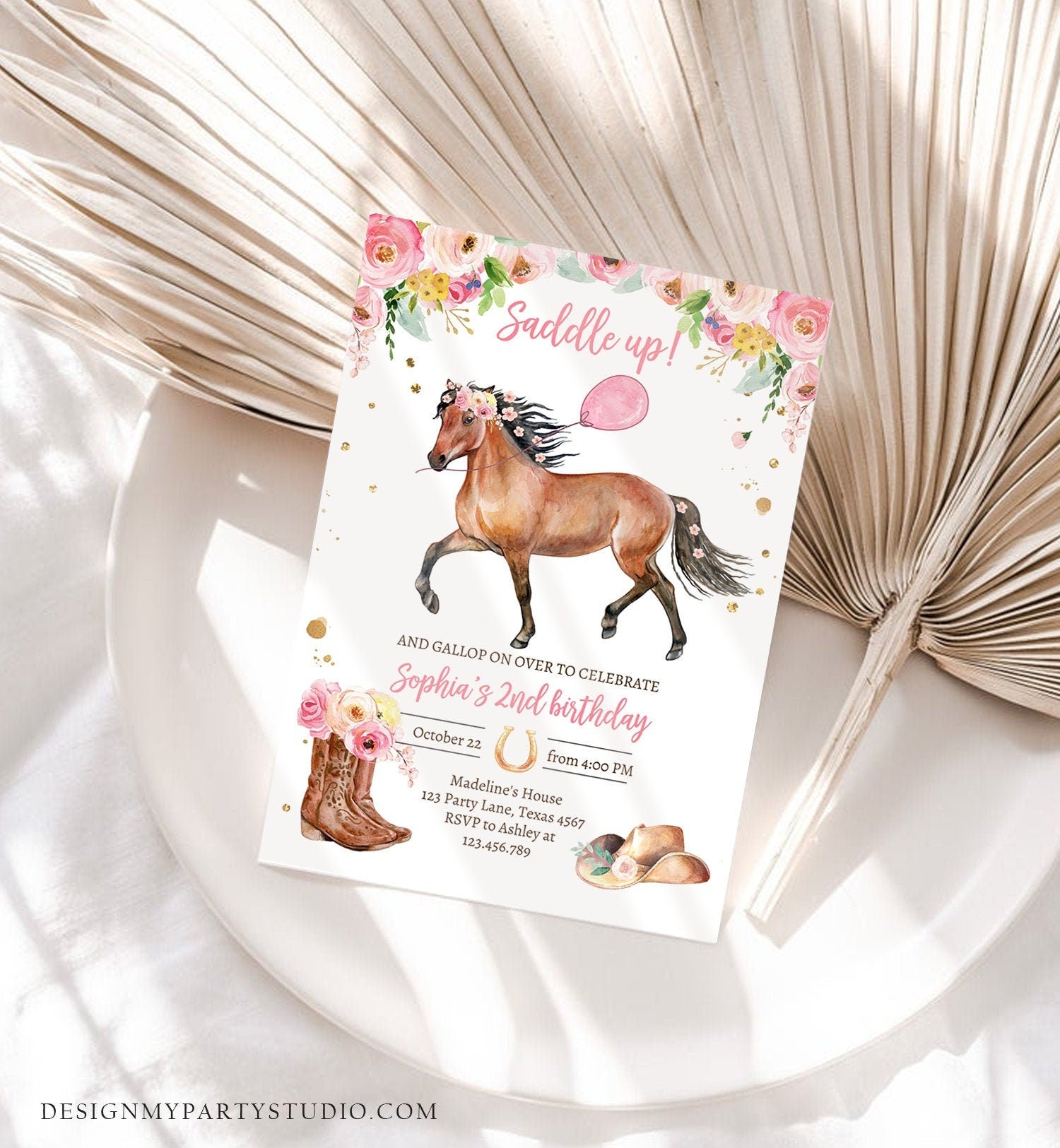 Editable Horse Birthday Invitation Girl Saddle Up Watercolor Cowgirl Horse Party Invite Pink Floral Download Printable Template Corjl 0408