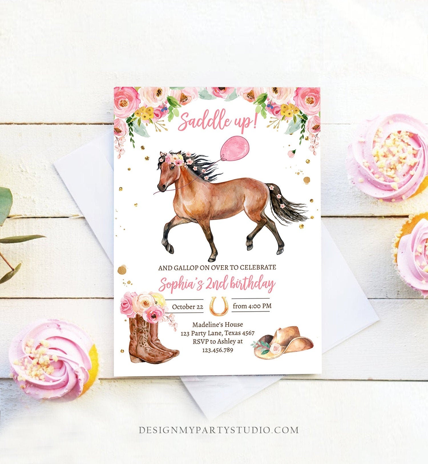 Editable Horse Birthday Invitation Girl Saddle Up Watercolor Cowgirl Horse Party Invite Pink Floral Download Printable Template Corjl 0408