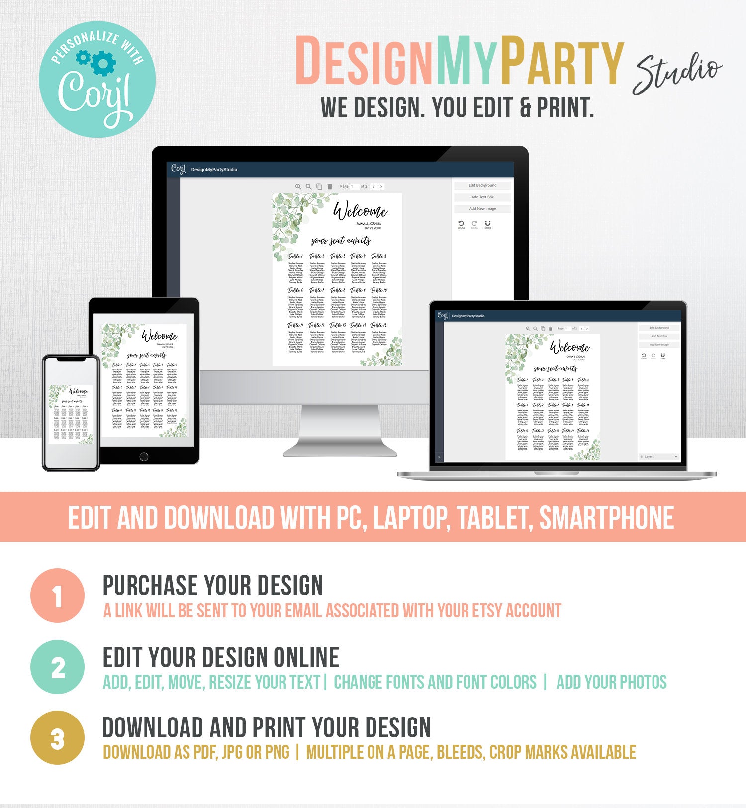 Editable Eucalyptus Seating Chart Template Wedding Seating Sign Bridal Shower Greenery Table Decor Download Corjl Template Printable 0030