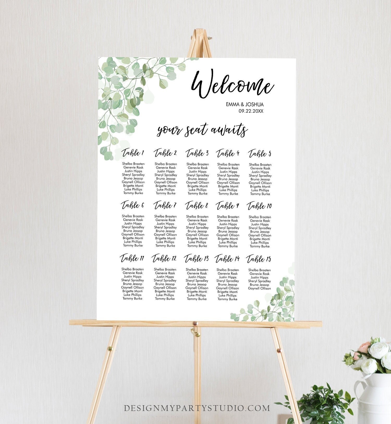 Editable Eucalyptus Seating Chart Template Wedding Seating Sign Bridal Shower Greenery Table Decor Download Corjl Template Printable 0030