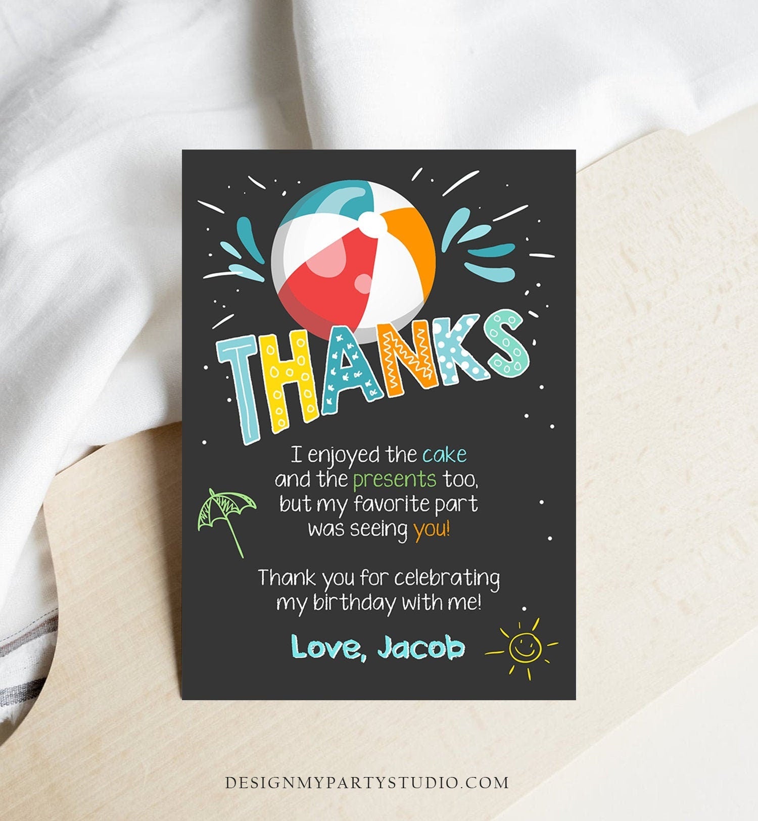 Editable Splish Splash Pool Party Thank You Card Birthday Pool Party Boy Beach Thank You Note Blue Template Instant Download Corjl 0169