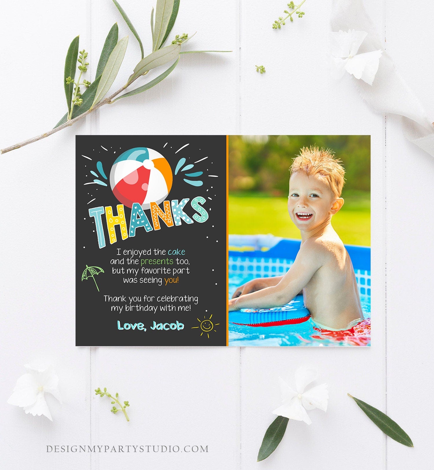 Editable Splish Splash Pool Party Thank You Card Birthday Pool Party Boy Beach Thank You Note Photo Template Instant Download Corjl 0169