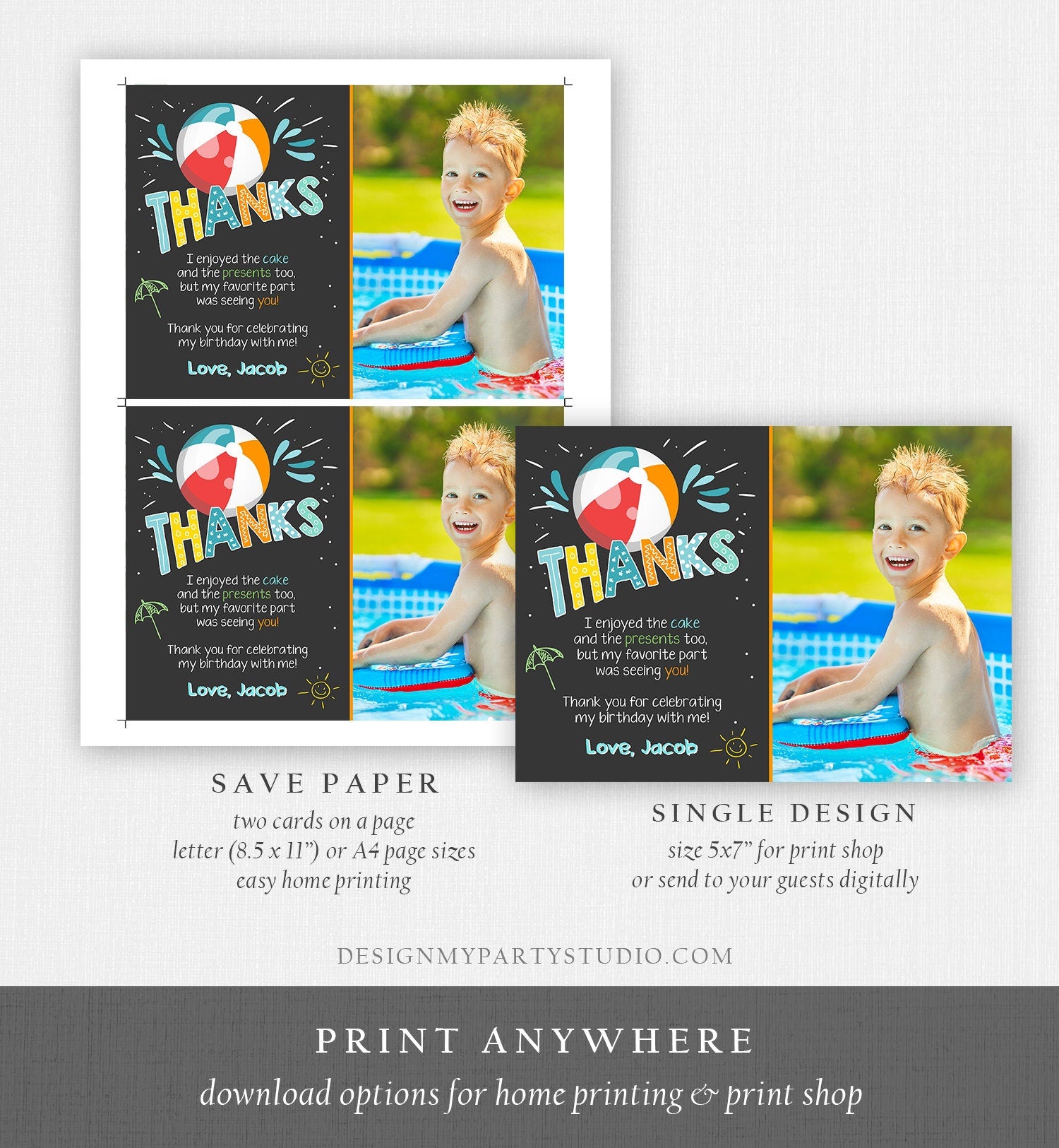 Editable Splish Splash Pool Party Thank You Card Birthday Pool Party Boy Beach Thank You Note Photo Template Instant Download Corjl 0169