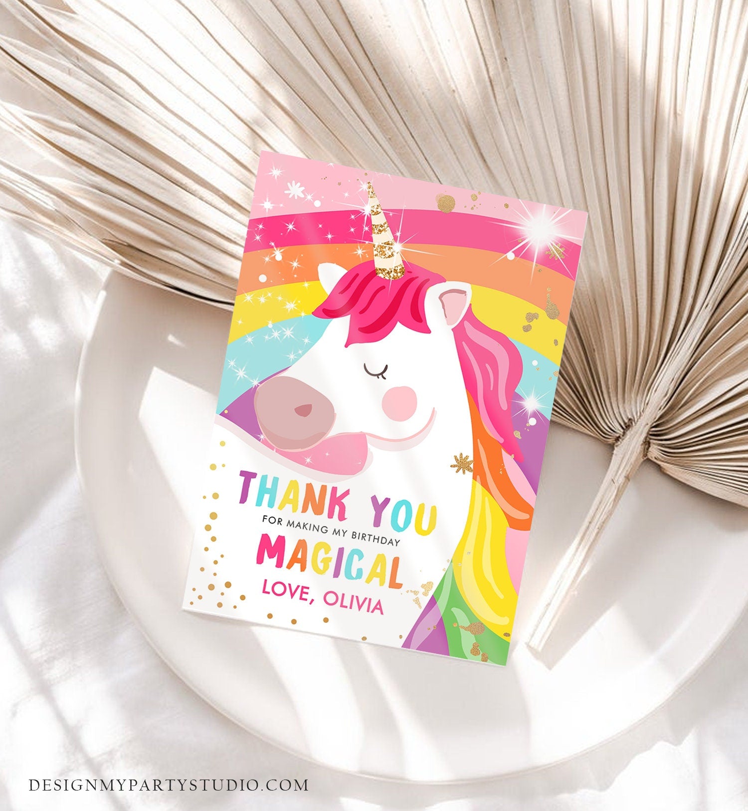 Editable Unicorn Thank You Card Magical Birthday Party Rainbow Thank You Note Pink Gold Girl Unicorn Printable Template Digital 0323