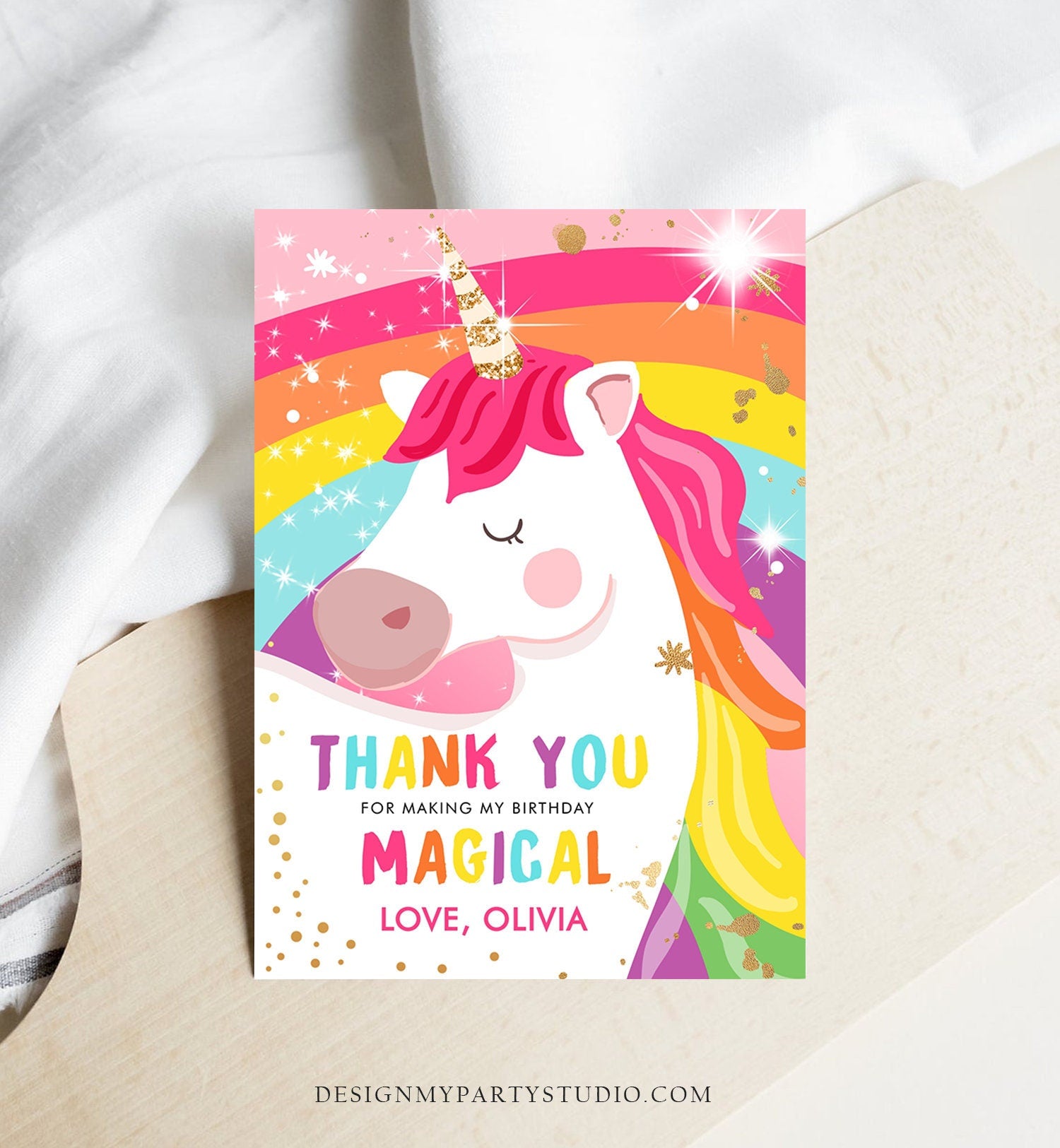 Editable Unicorn Thank You Card Magical Birthday Party Rainbow Thank You Note Pink Gold Girl Unicorn Printable Template Digital 0323