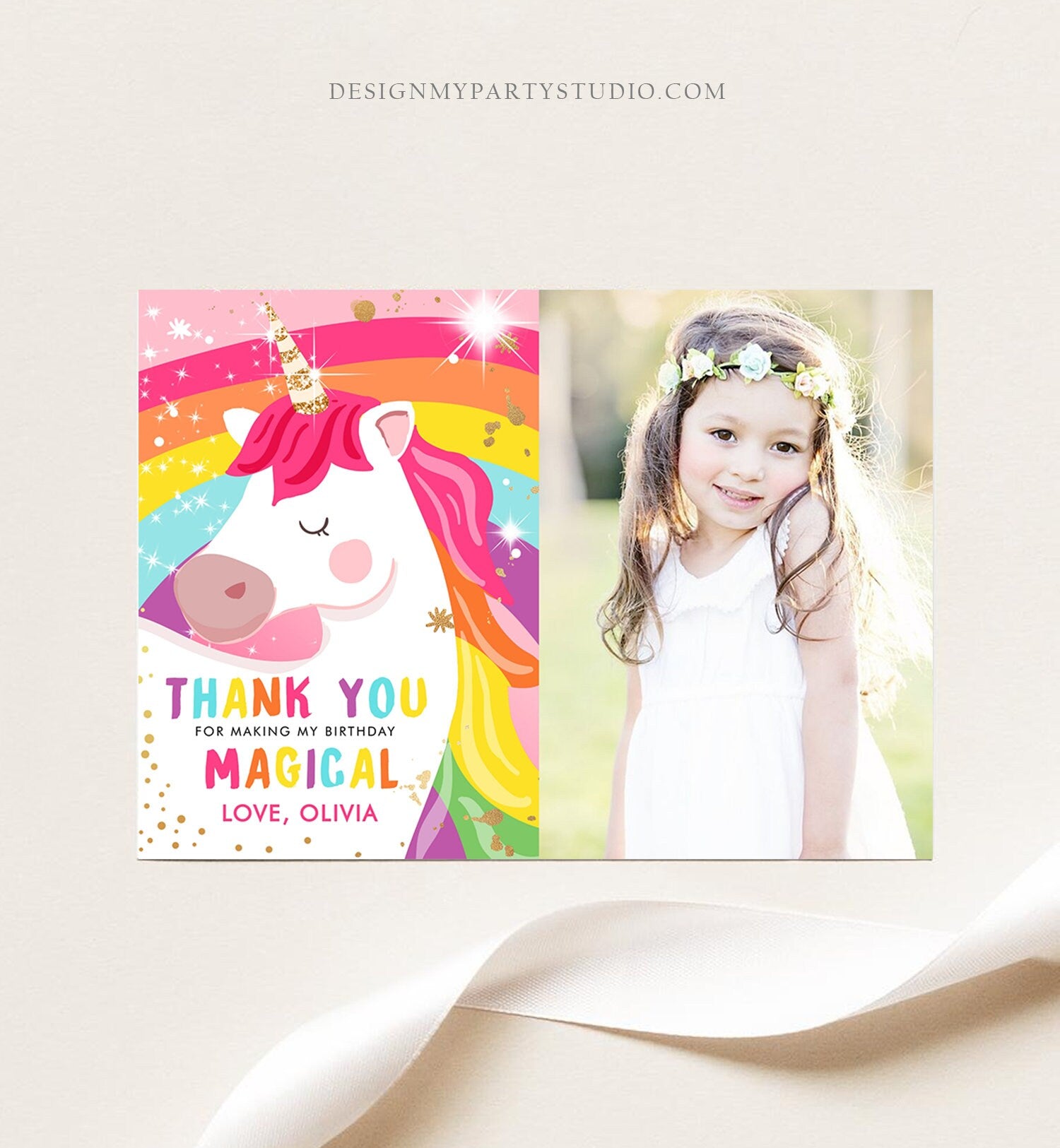 Editable Unicorn Thank You Card Magical Birthday Party Rainbow Thank You Note Pink Girl Photo Unicorn Printable Template Corjl Digital 0323