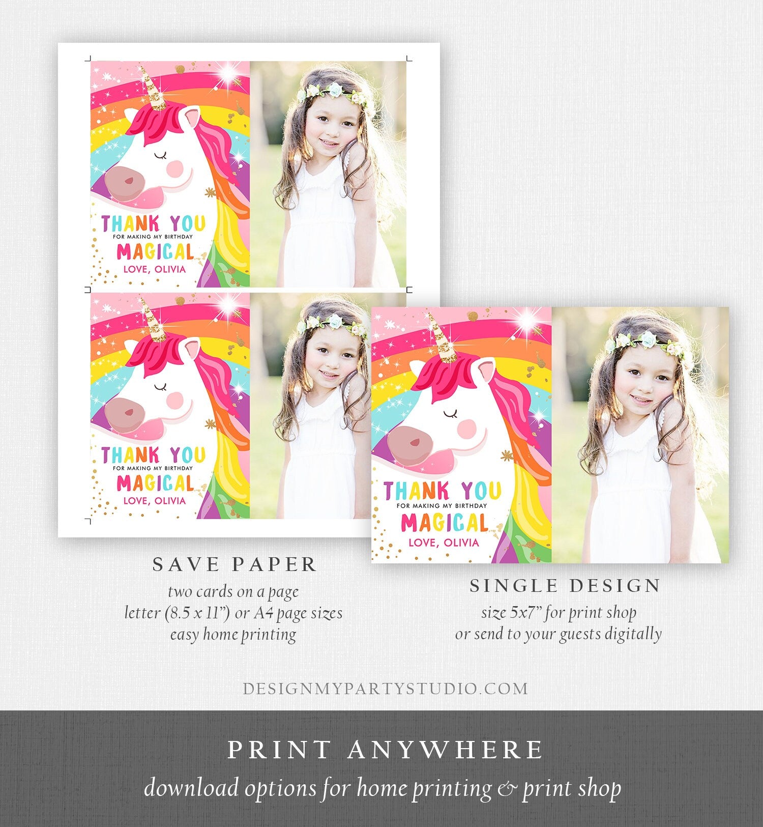 Editable Unicorn Thank You Card Magical Birthday Party Rainbow Thank You Note Pink Girl Photo Unicorn Printable Template Corjl Digital 0323